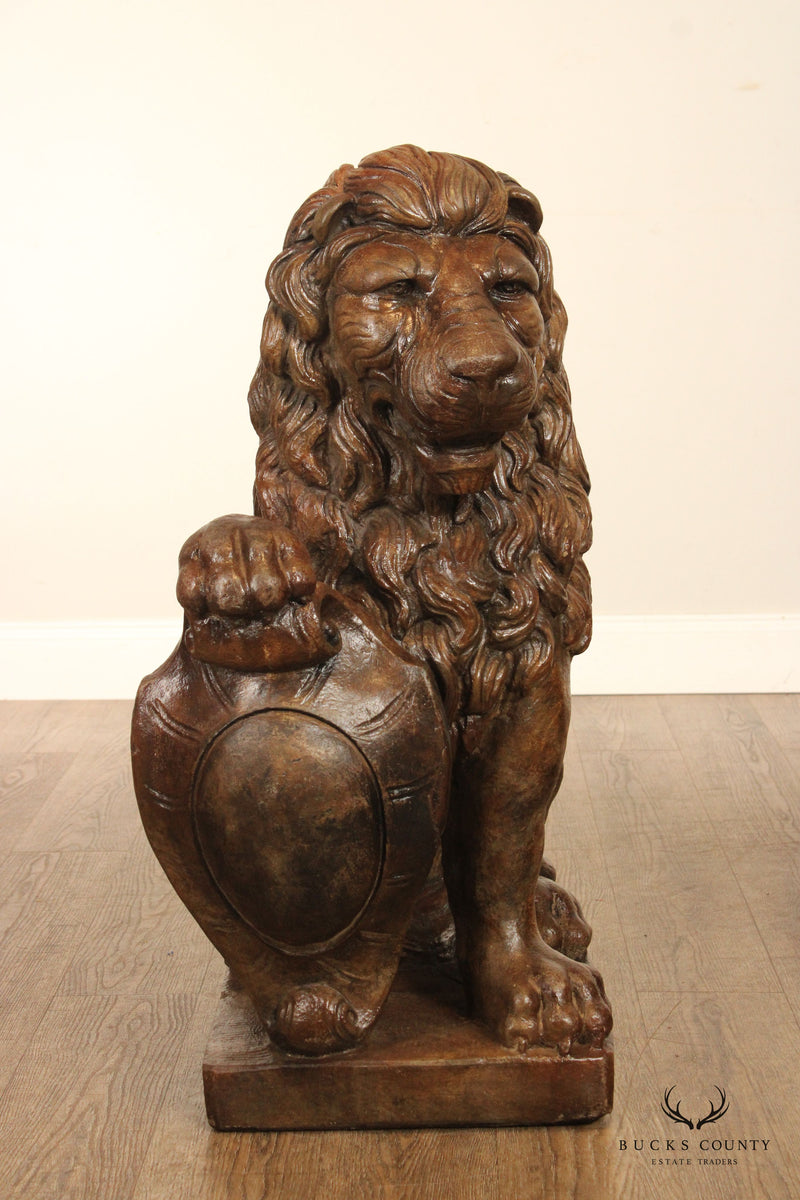 English Traditional Pair of Cast Stone Heraldic Lion Statues