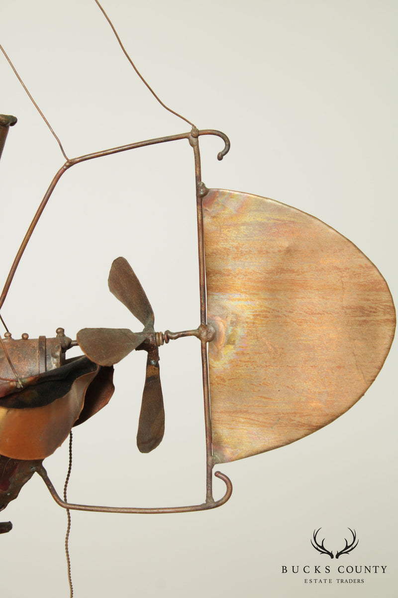 Steampunk Mid Century Metal Hanging Sculpture, Ship with Art Glass Balloons