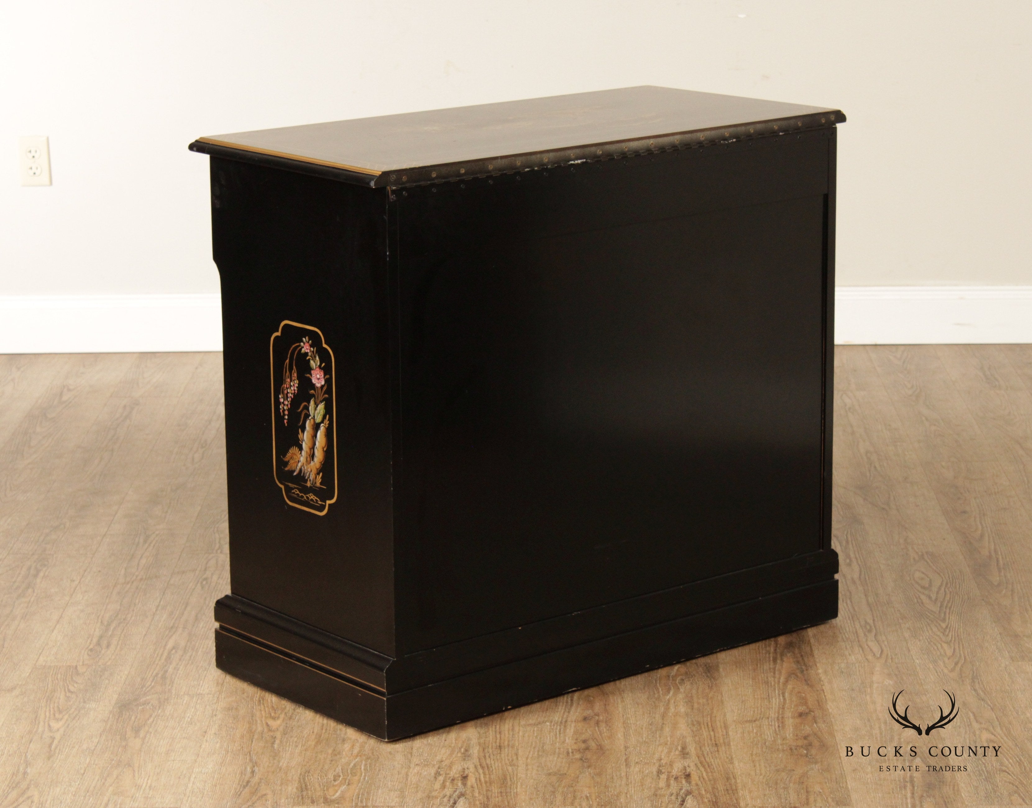 Jasper Chinoiserie Black Lacquer Liquor Bar Serving Cabinet