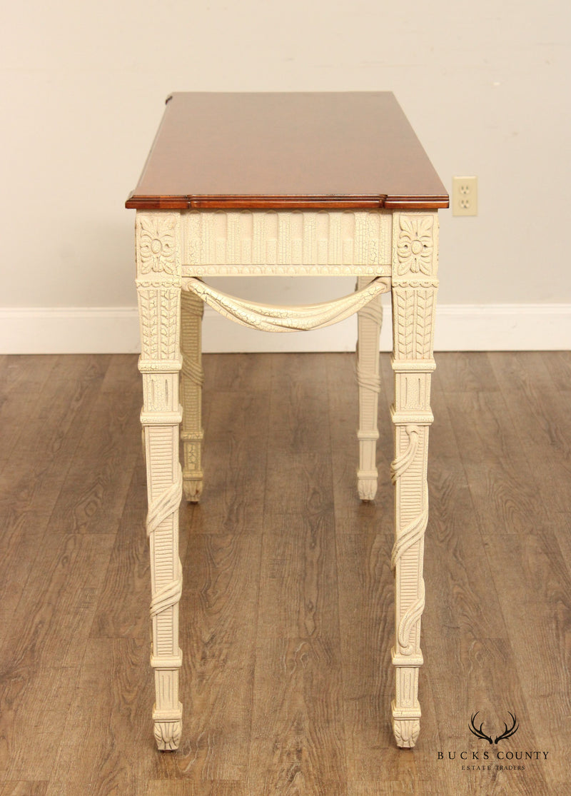French Louis XVI Style Pair of Painted Base Cherry Console Tables