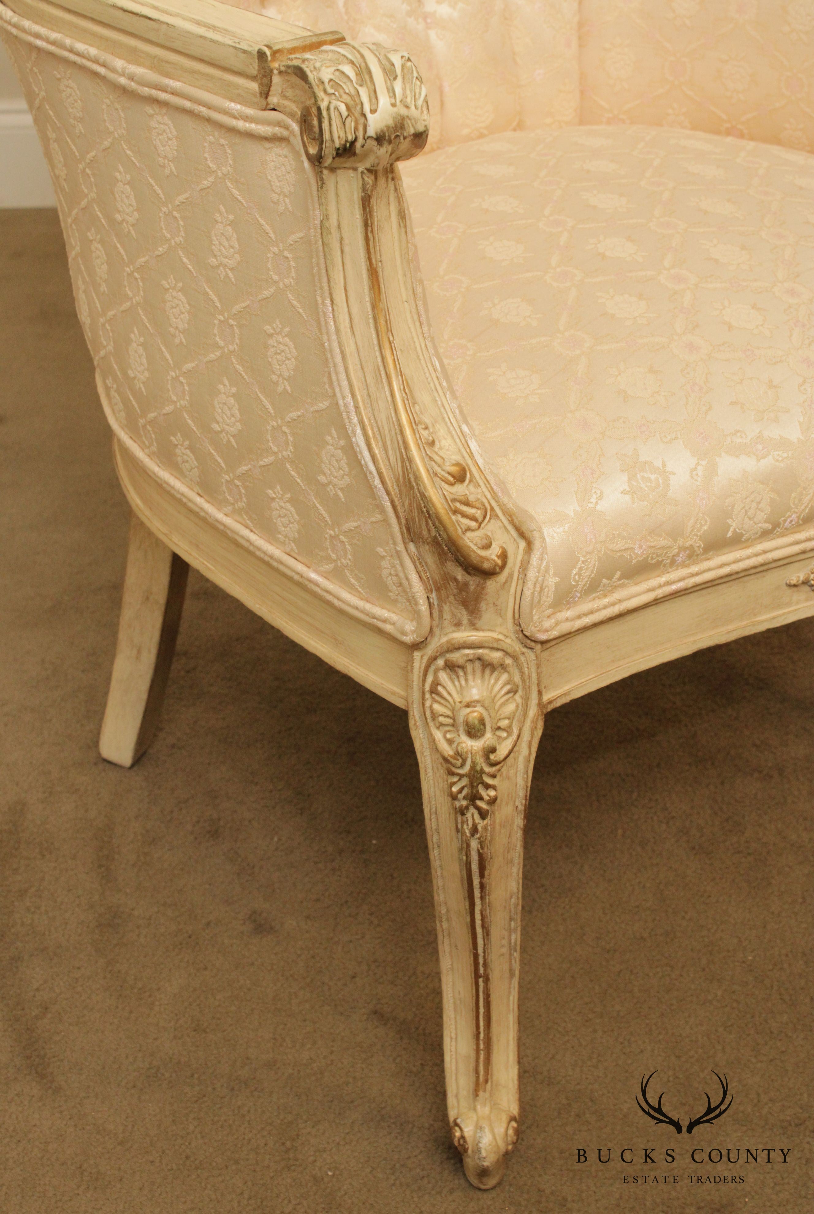 French Louis XV Style Vintage Pair Cream Painted Tufted Fire Side Chairs