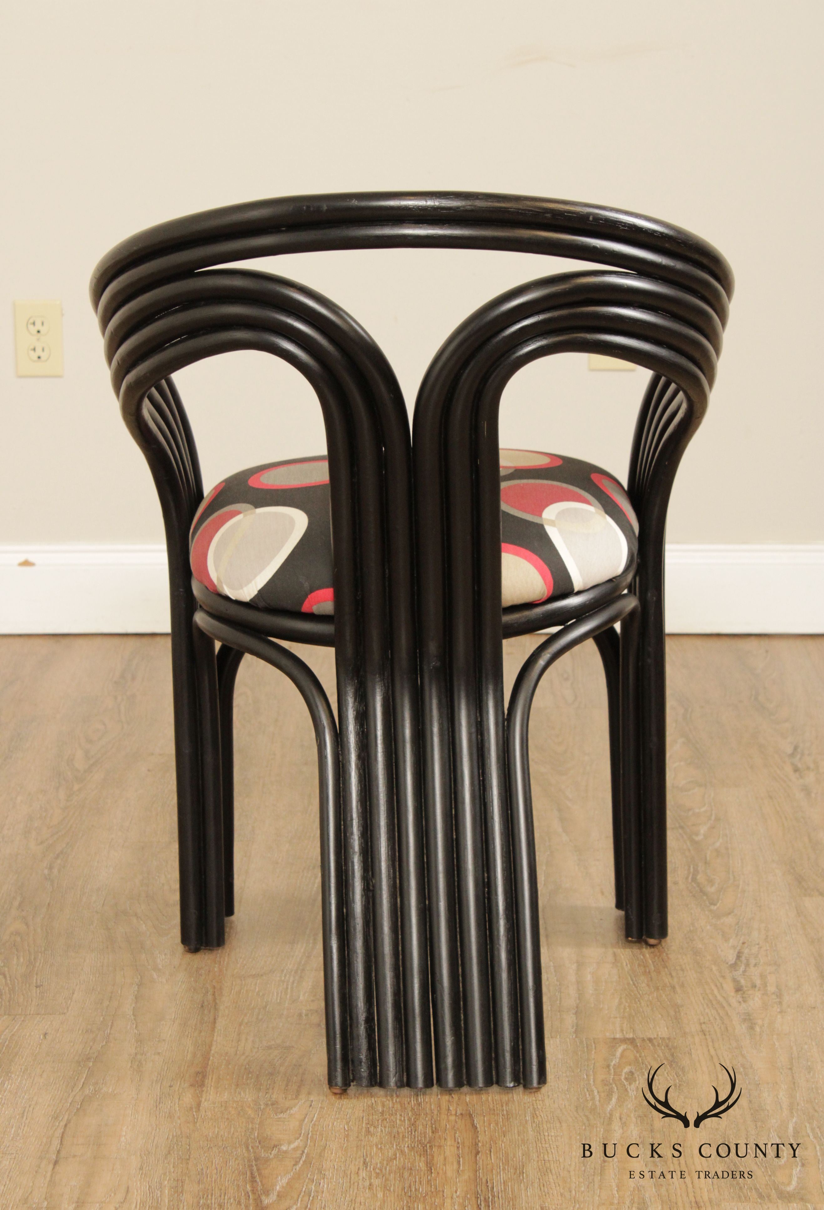 Vintage Art Deco Style Pair Black Lacquer Bentwood Rattan Armchairs