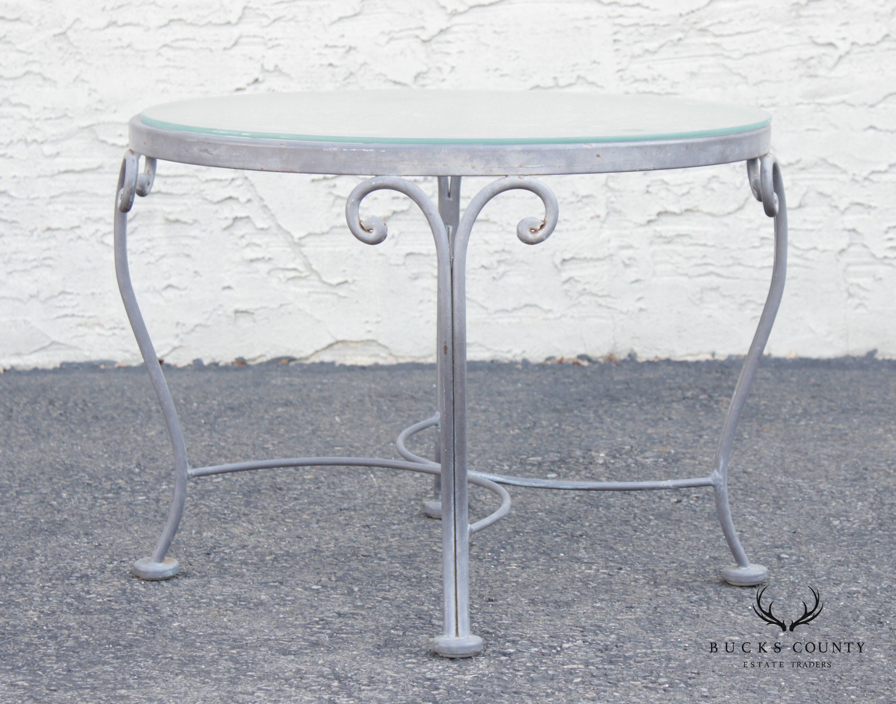 French Style Vintage Scrolled Wrought Iron Round Glass Top Outdoor Cocktail Table