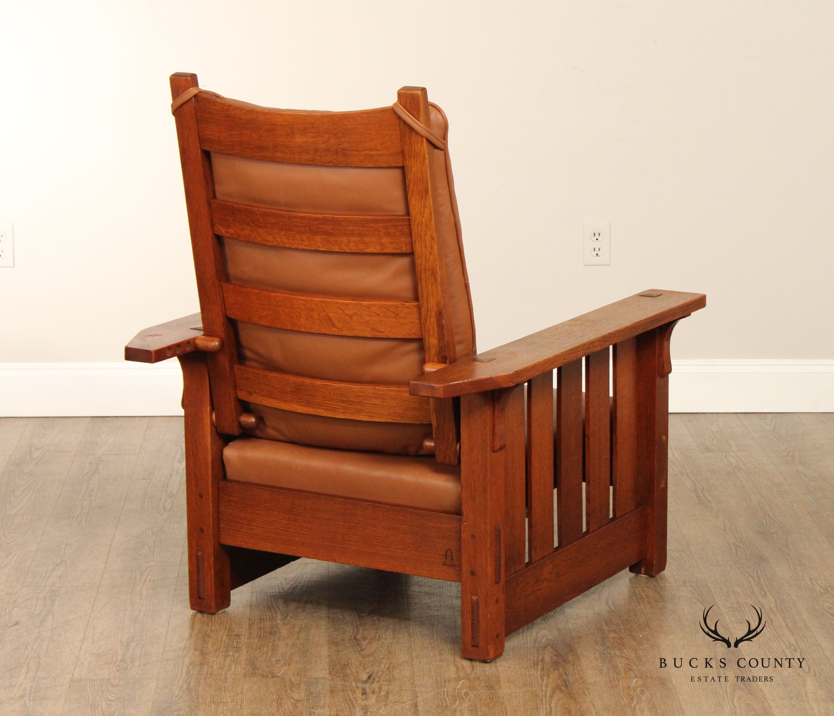 Gustav Stickley Antique Mission Oak and Leather Reclining Morris Chair