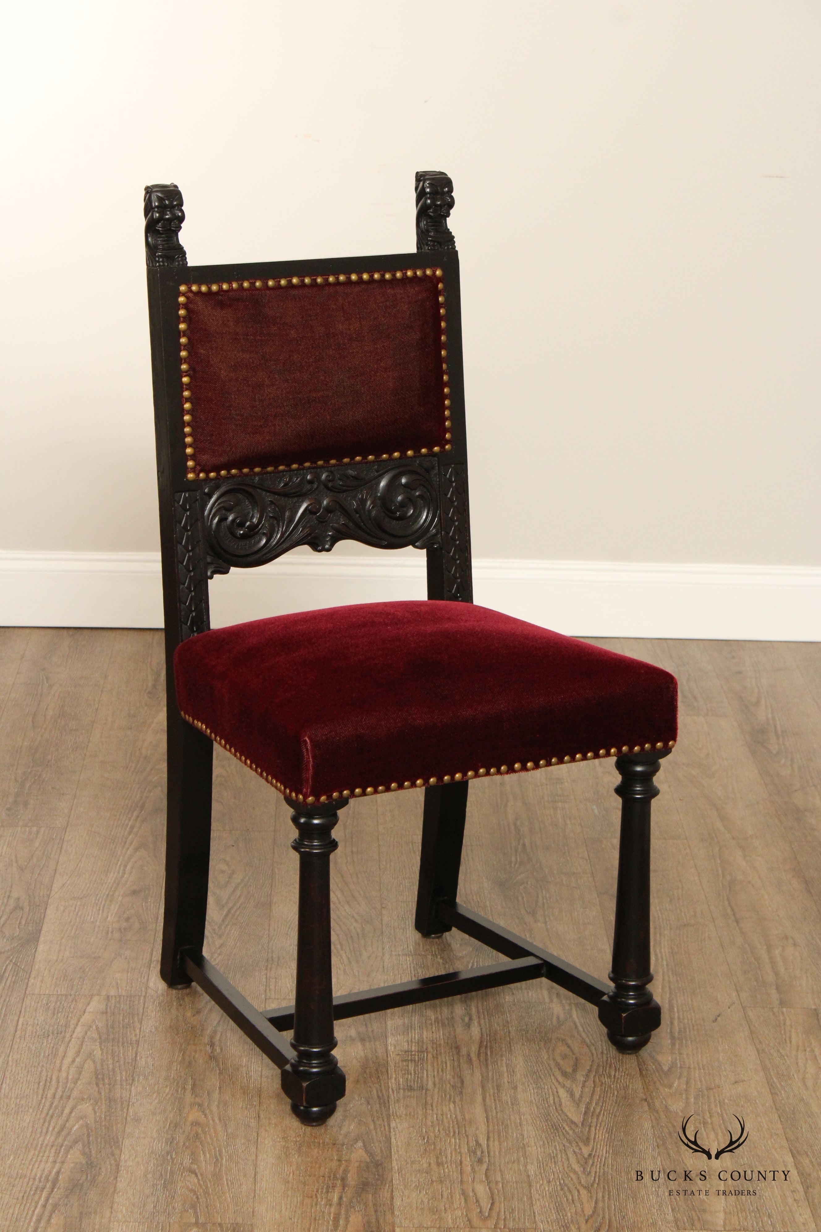 GOTHIC REVIVAL STYLE ANTIQUE CARVED FRAME AND VELVET OCCASIONAL SIDE CHAIR