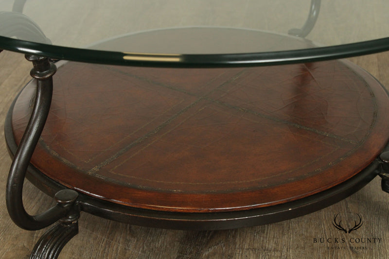 LaBarge Round Glass Top Wrought Iron Table, Leather Tier
