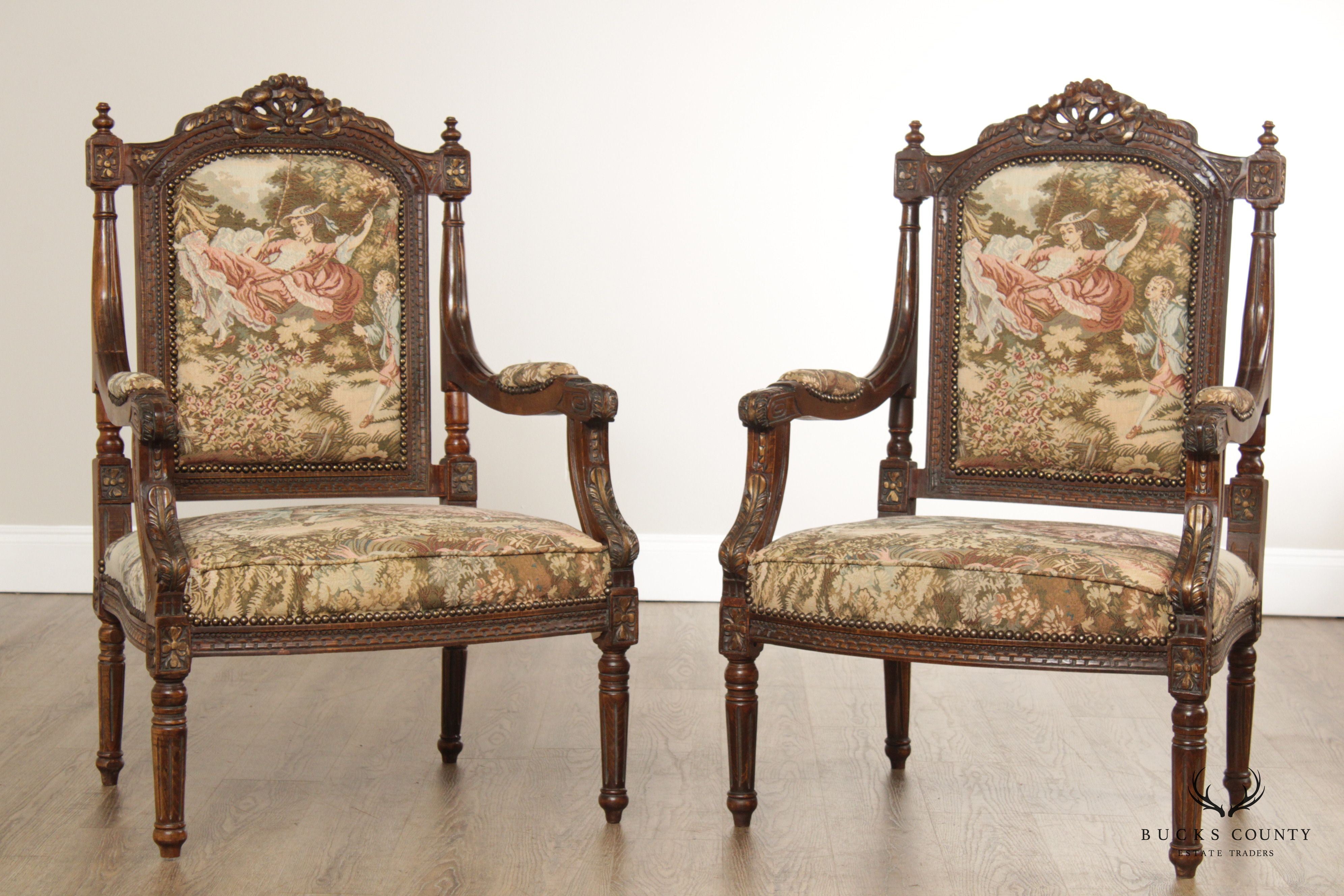 Italian Louis XVI Style Pair of Carved Throne Chairs