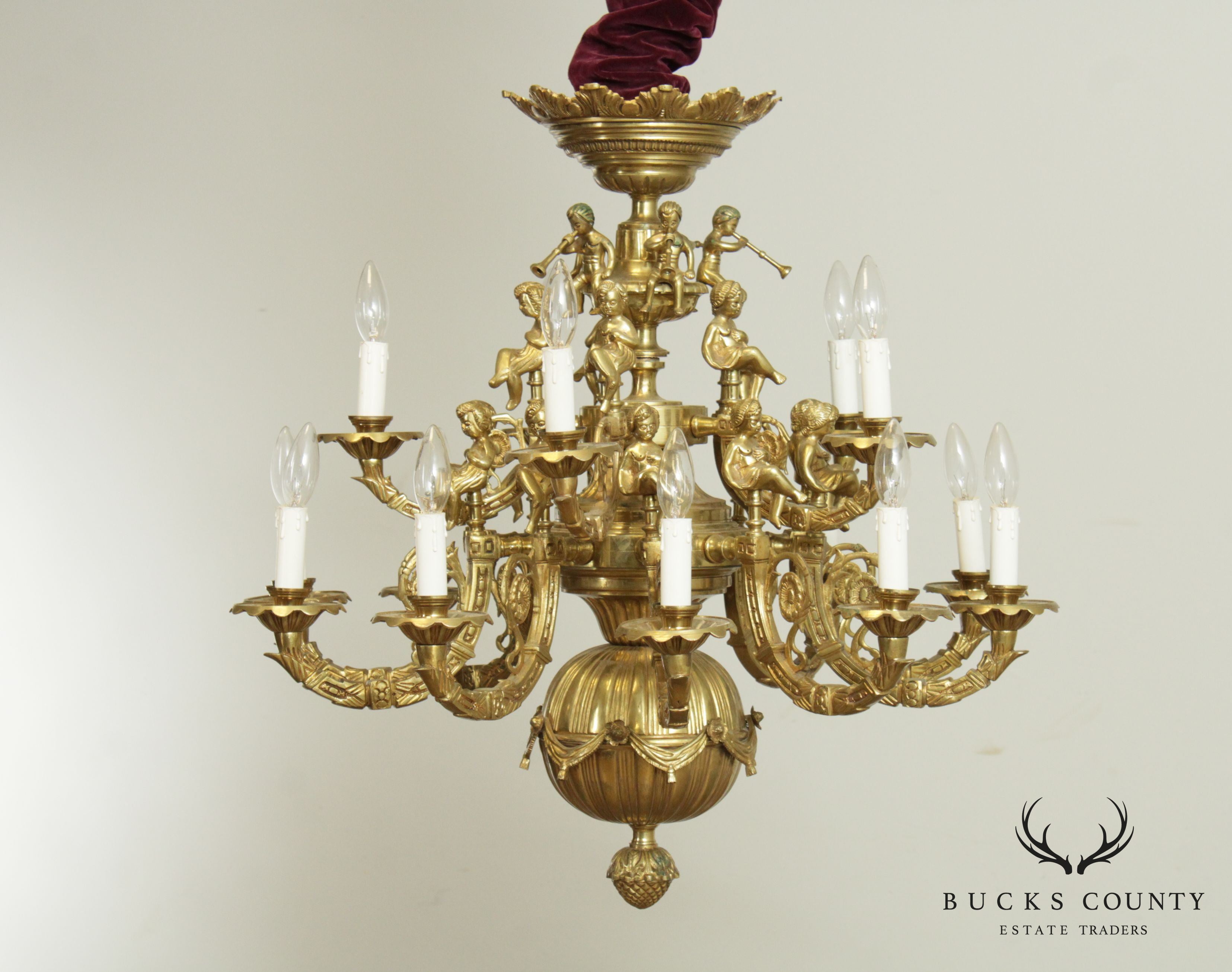 Vintage Rococo Style Heavy Brass  Figural Putti  Chandelier