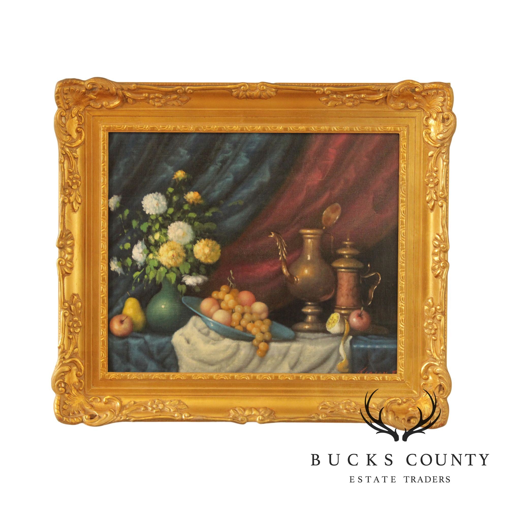 Custom Framed Floral and Fruit Still Life Oil Painting