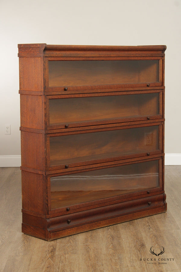 Antique Arts & Crafts Oak Four-Stack Wide Barrister Bookcase