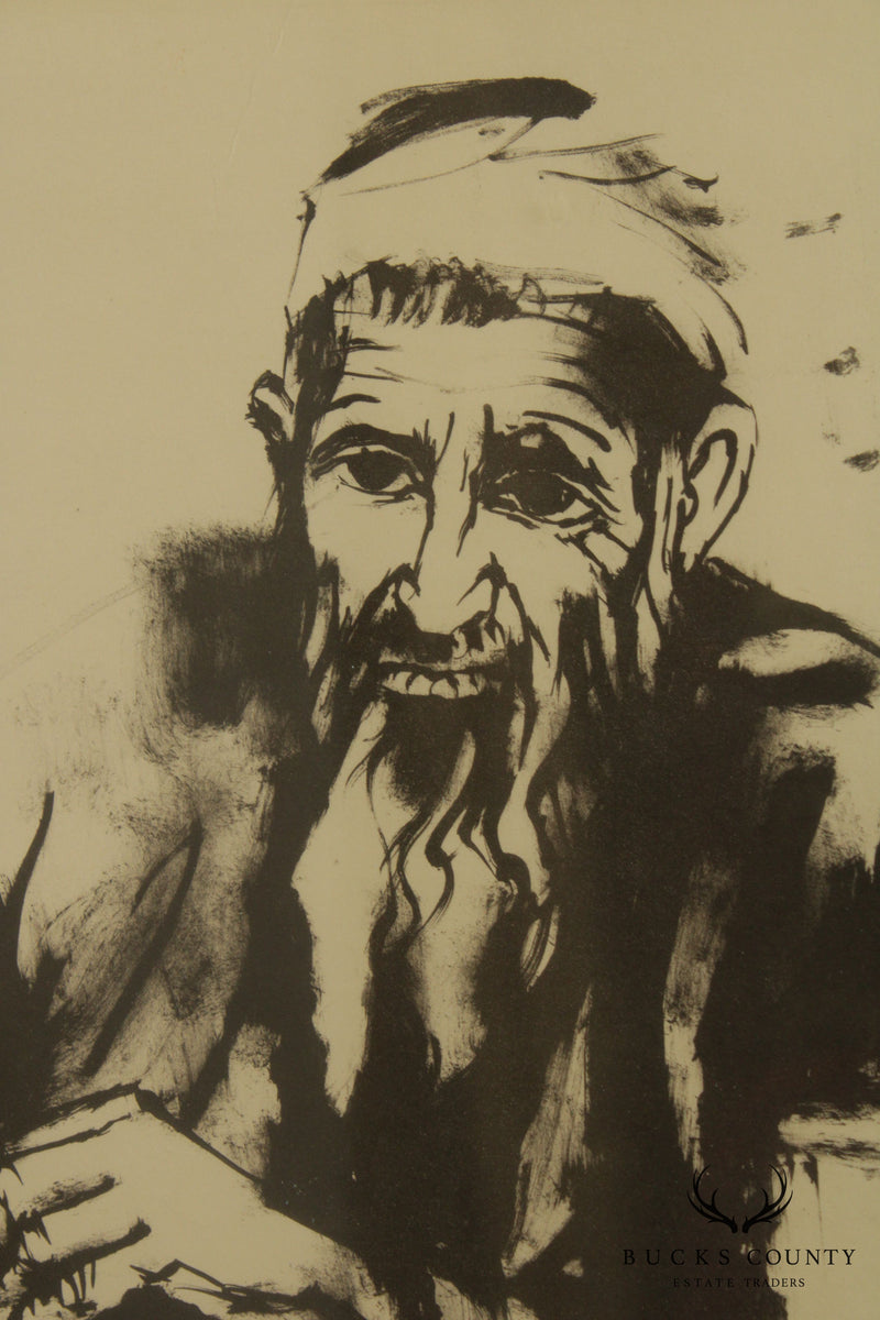 Moshe Gat Modernist Lithograph Old Man & Boy Signed in Pencil # 148/150