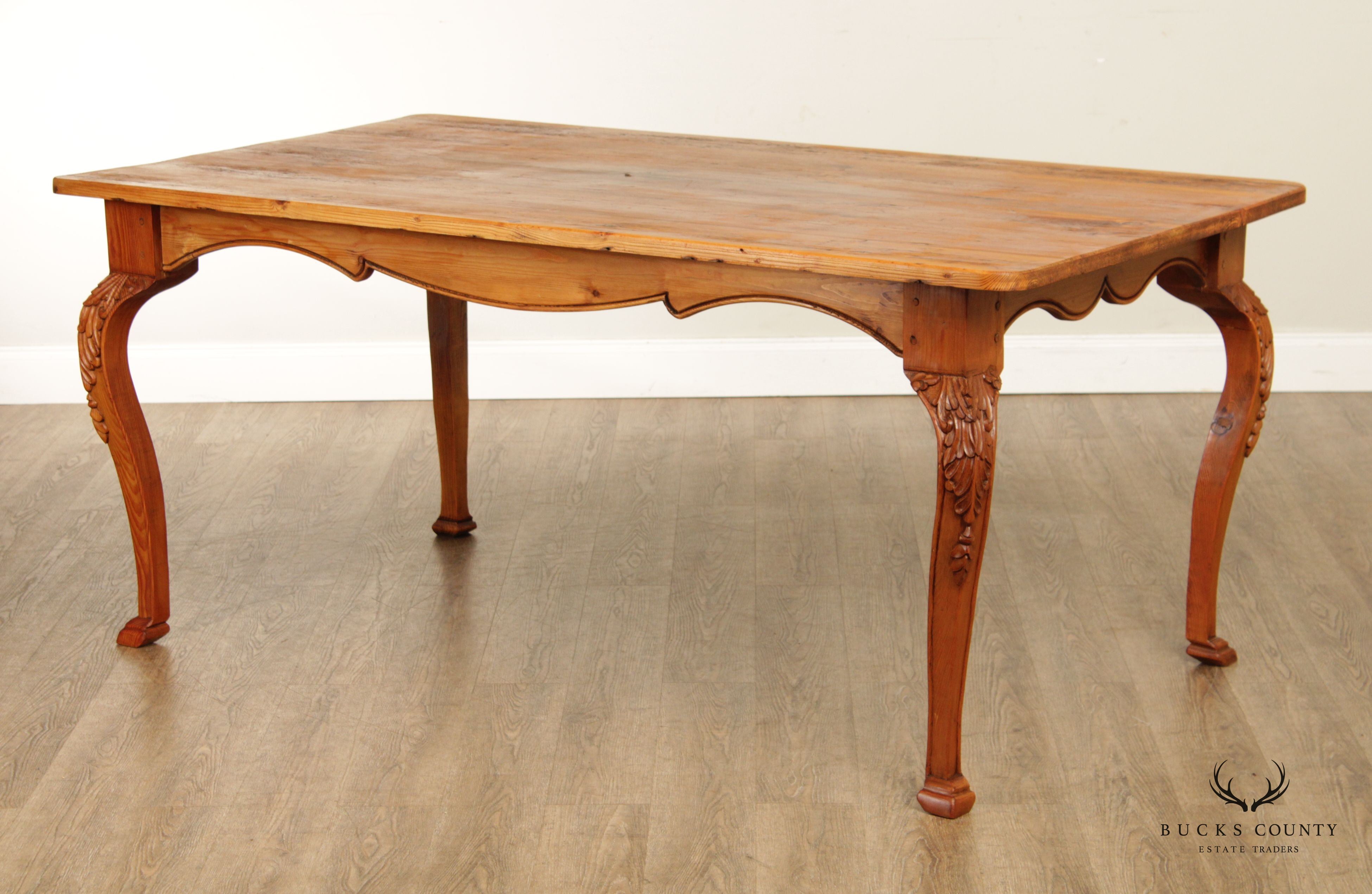 French Country Farmhouse Style Pine Carved Dining Table