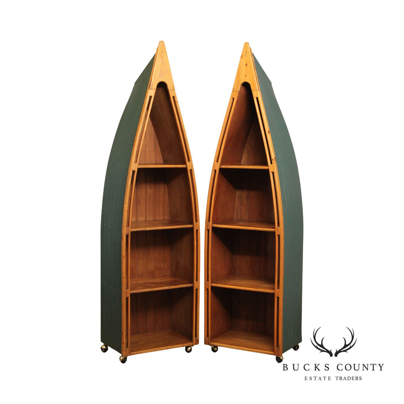 Vintage Pair Tall Canoe Boat Bookcases