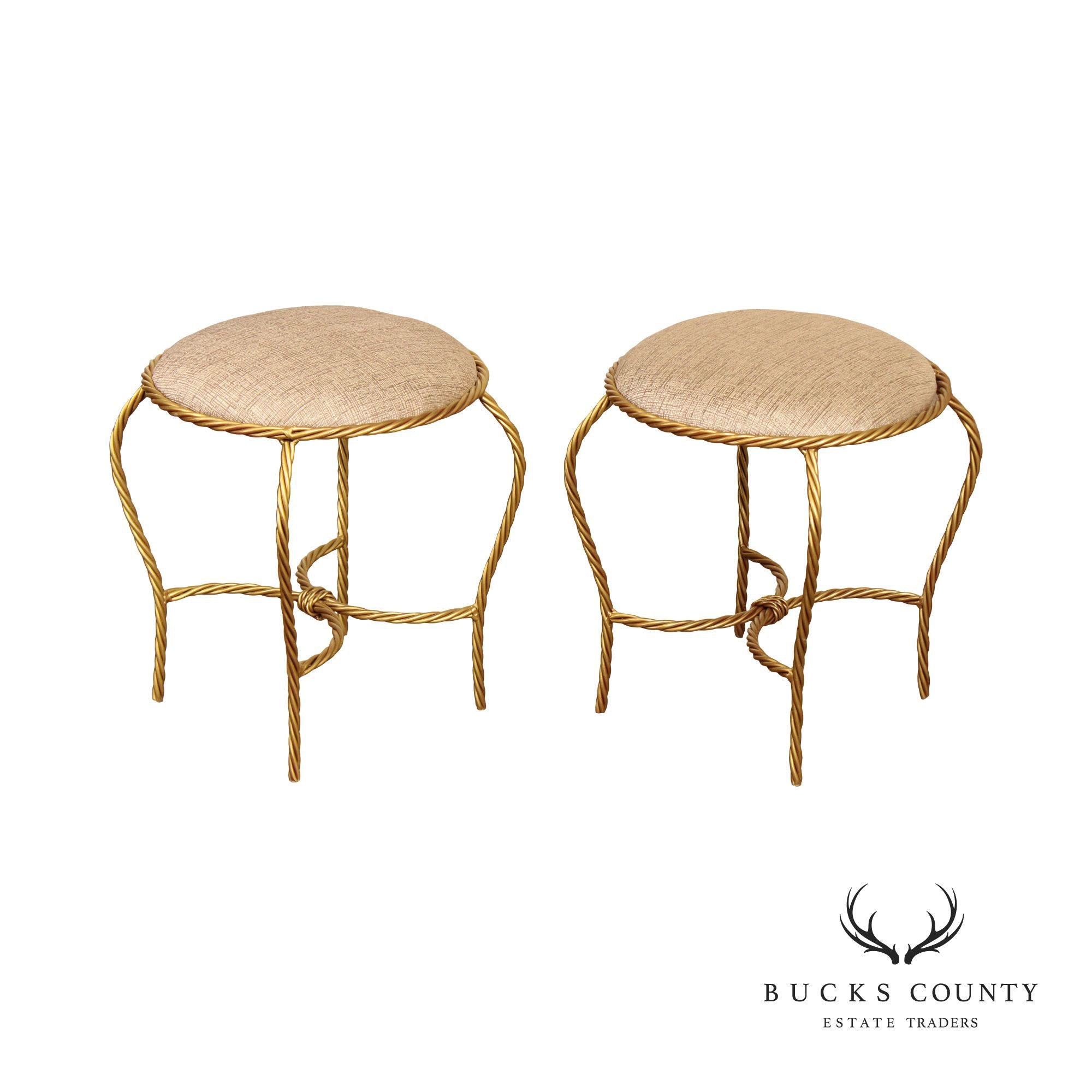 Hollywood Regency Pair of Gilt Metal Rope Twist Stools