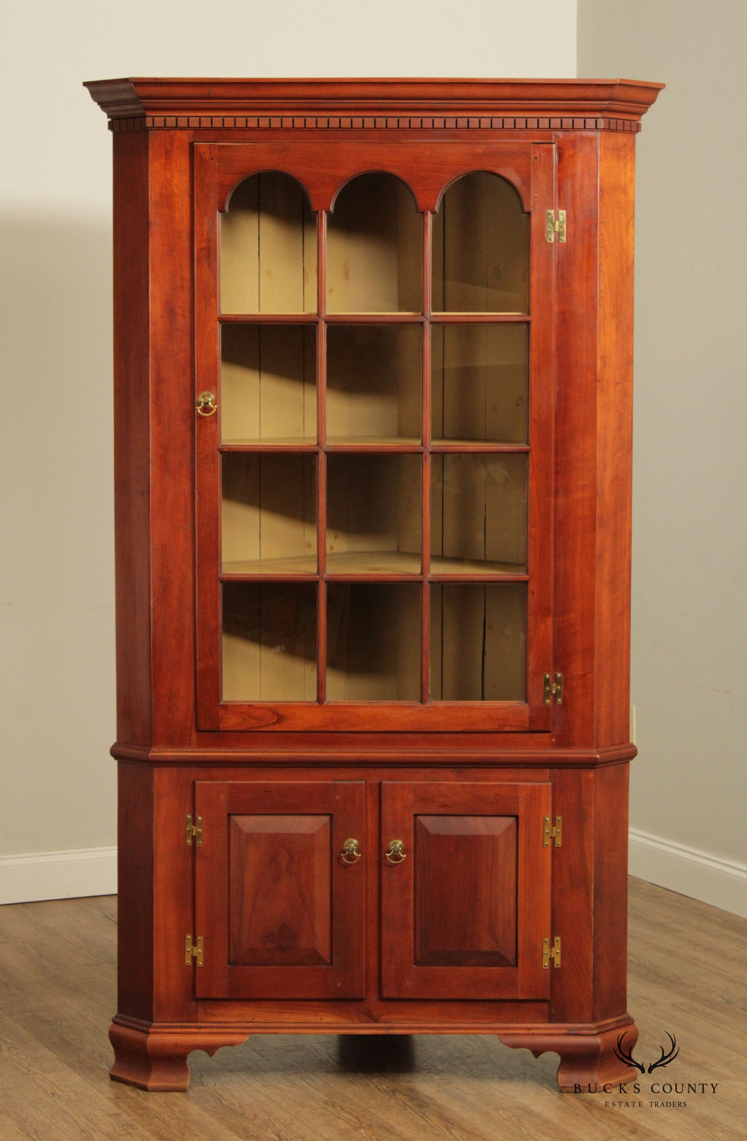 Early American Colonial Style Cherry Illuminated Corner Cabinet