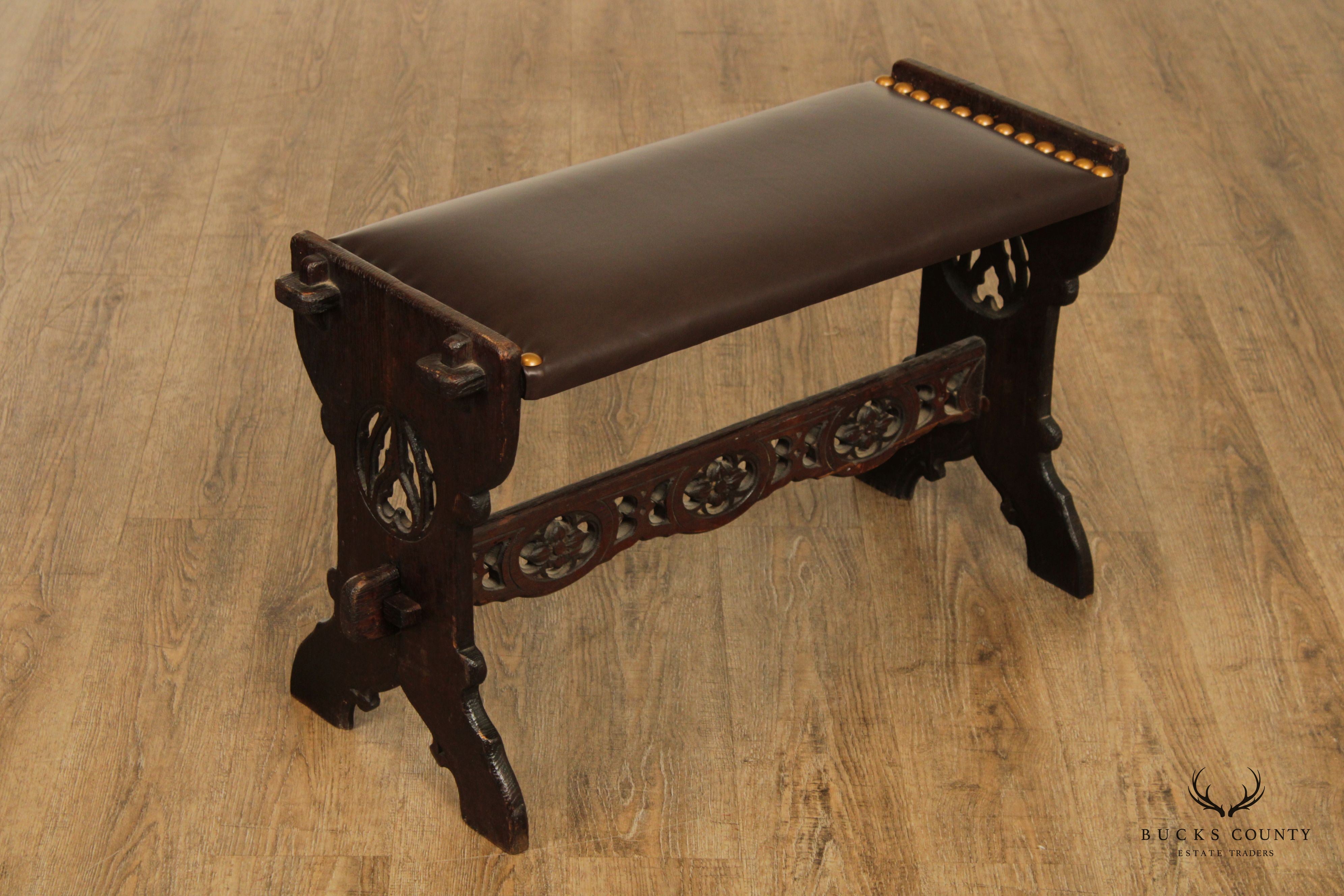 Arts And Crafts Antique Gothic Revival Carved Oak and Leather Bench