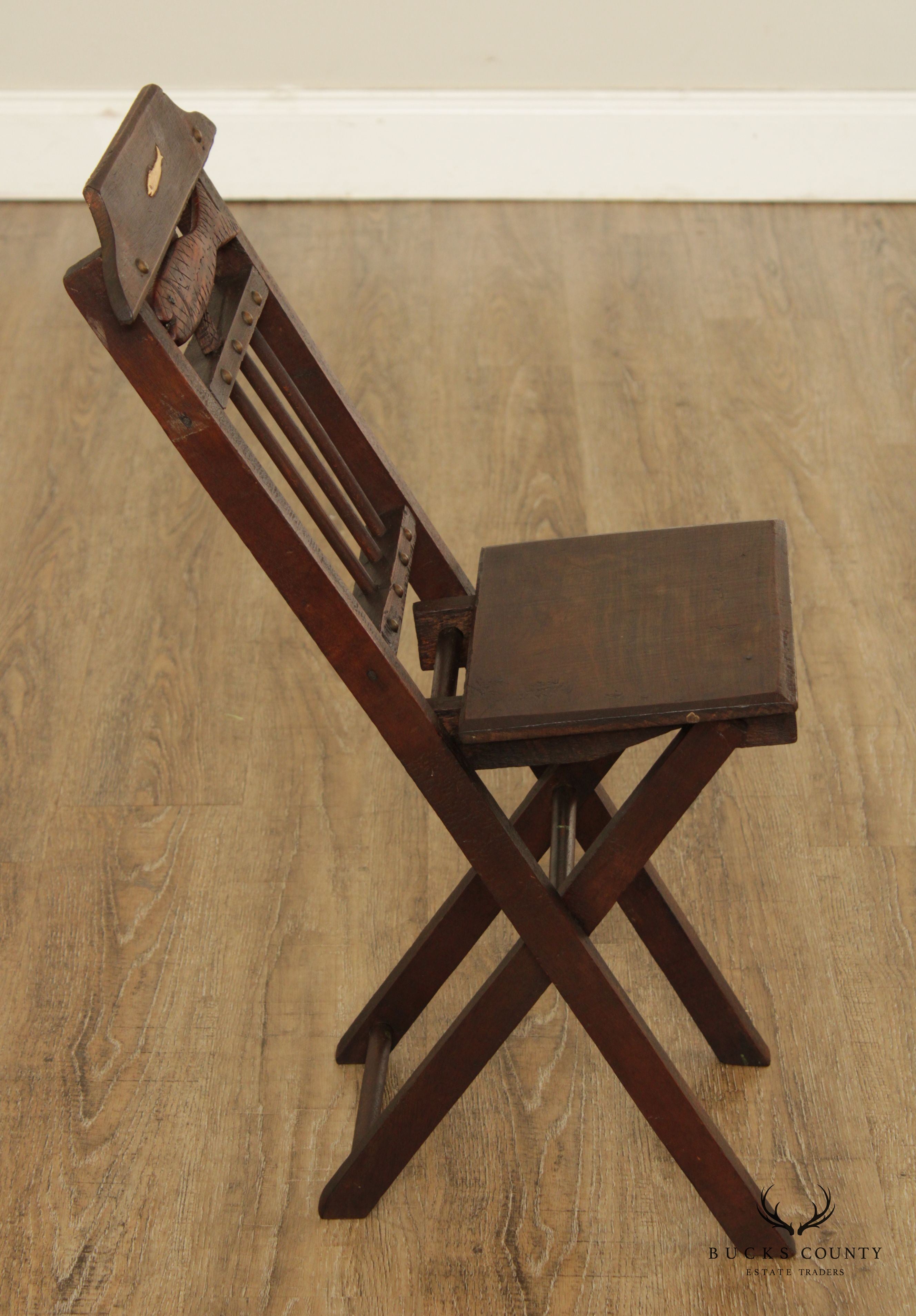 Antique 19th Century Walnut and Bone Child's Folding Fishing Chair