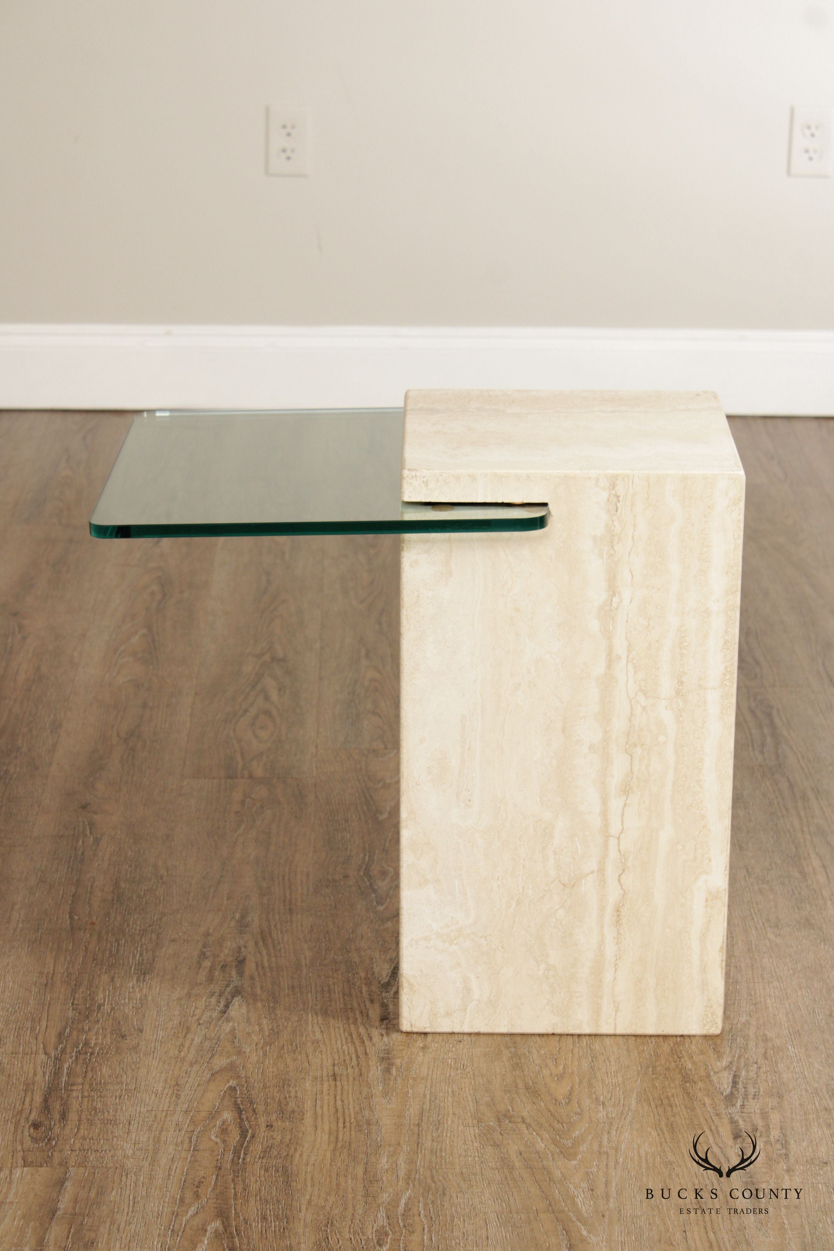 Post Modern Cantilevered Glass and Travertine Side Table