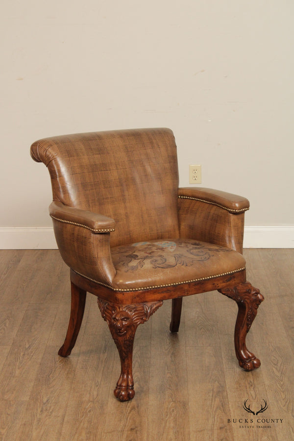 Ferguson Copeland Georgian Style Carved Wood and Tooled Leather Armchair