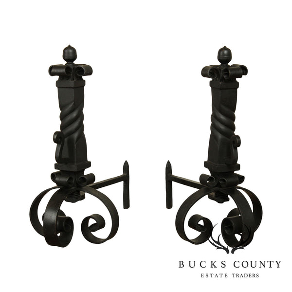 Hand Forged Iron Heavy Twisted Pair Andirons