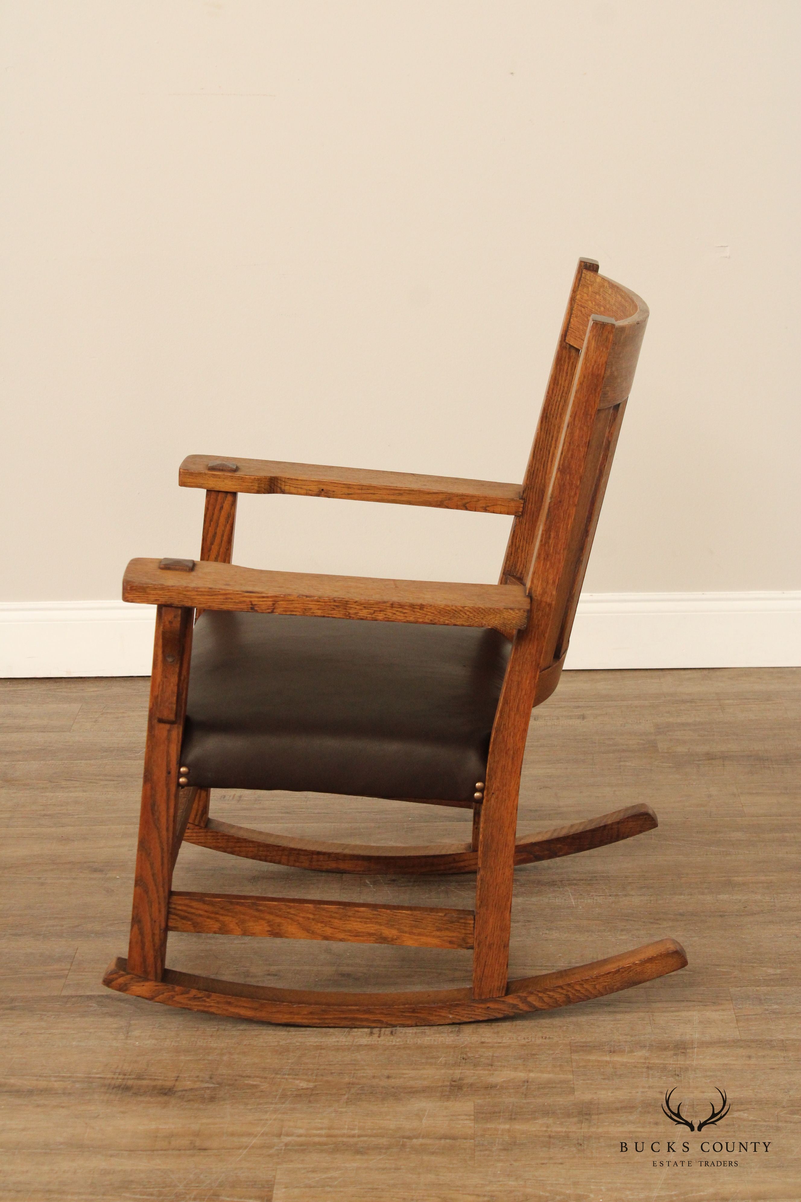 Antique Mission Oak and Leather Rocking Chair