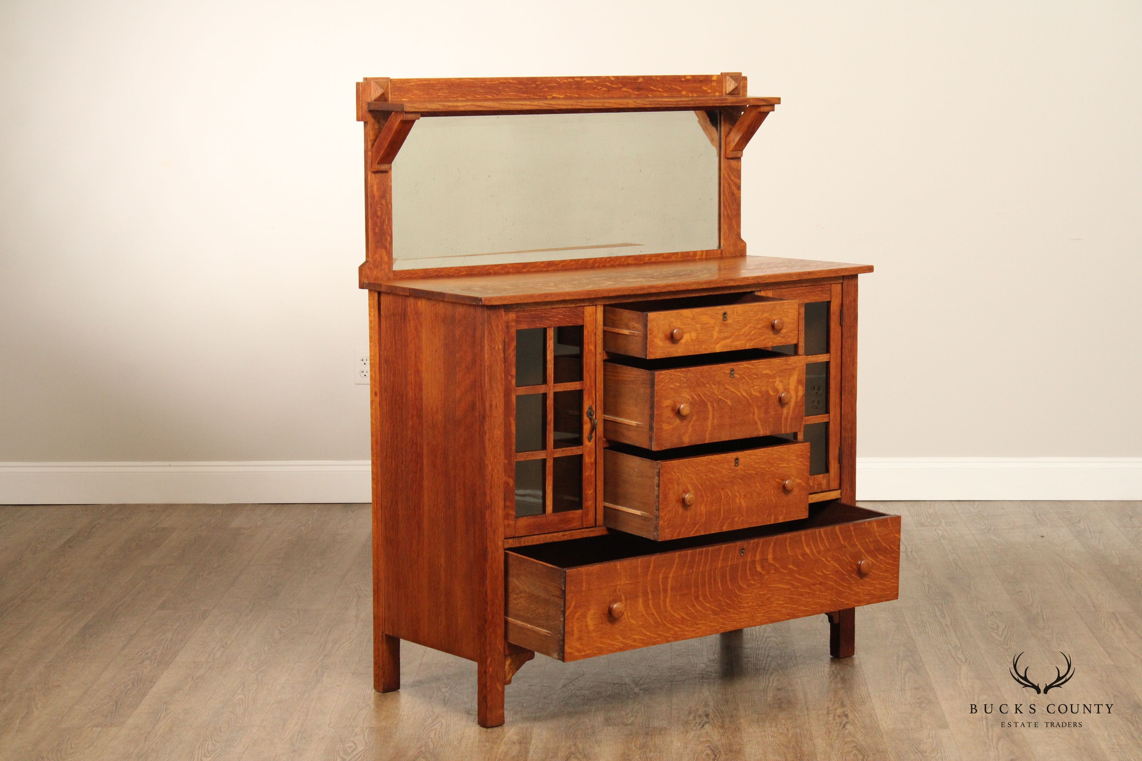 Larkin Co. Antique Mission Oak and Glass Sideboard Buffet