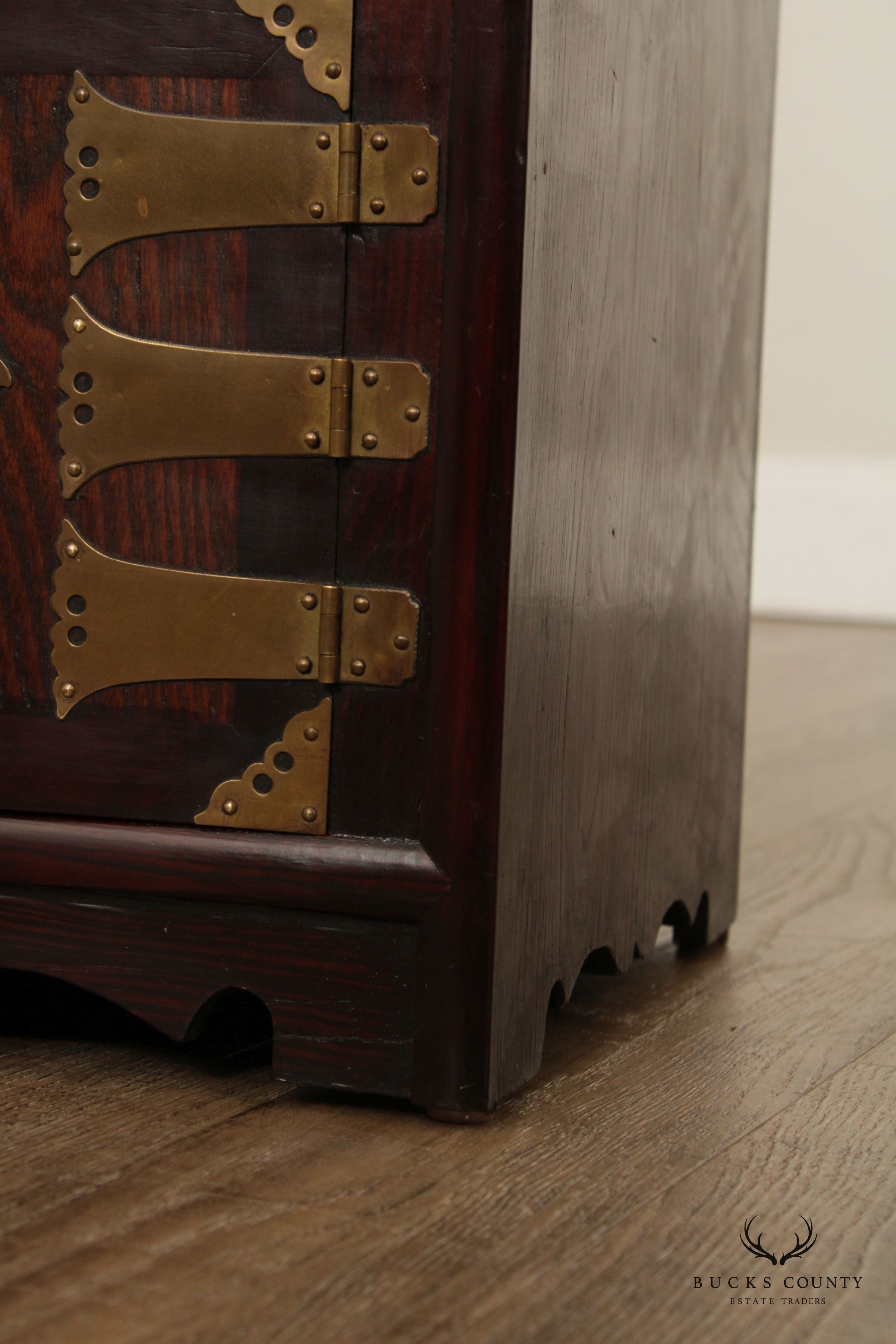 Vintage Korean Pair of Elm and Brass Valuables Chests