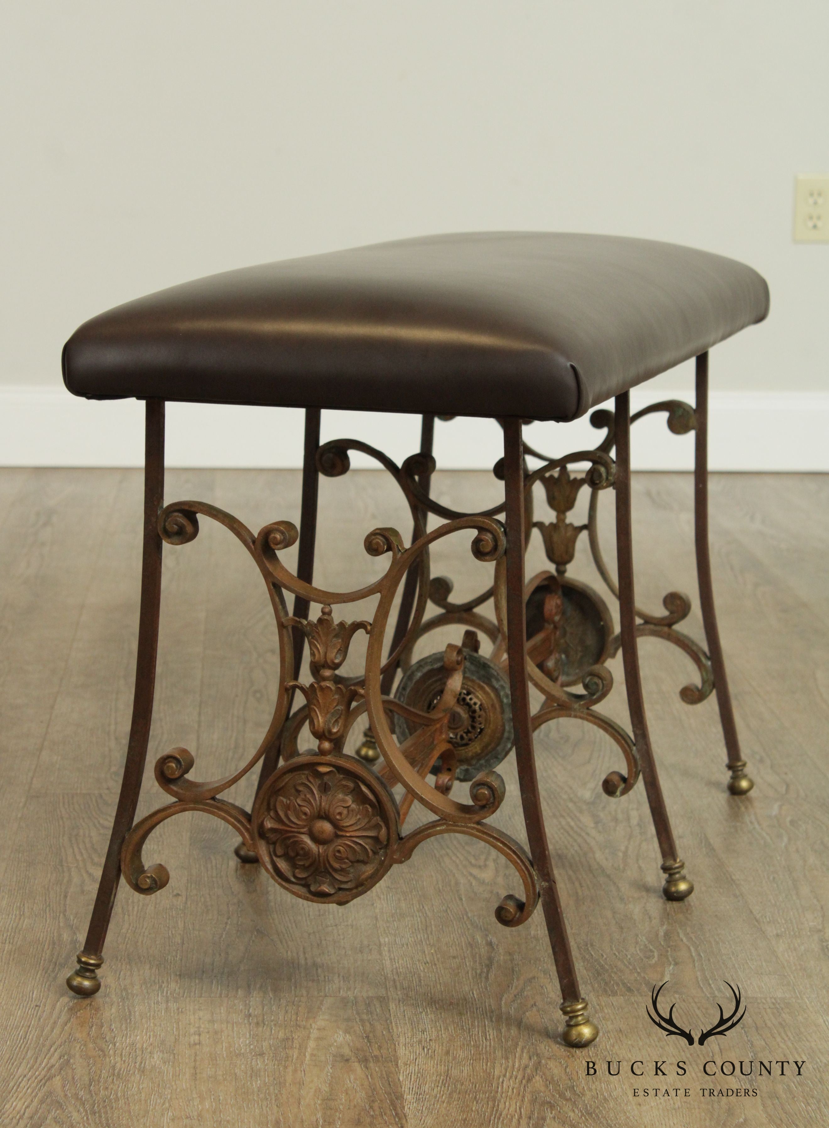 Antique Wrought Iron Leather Seat Bench