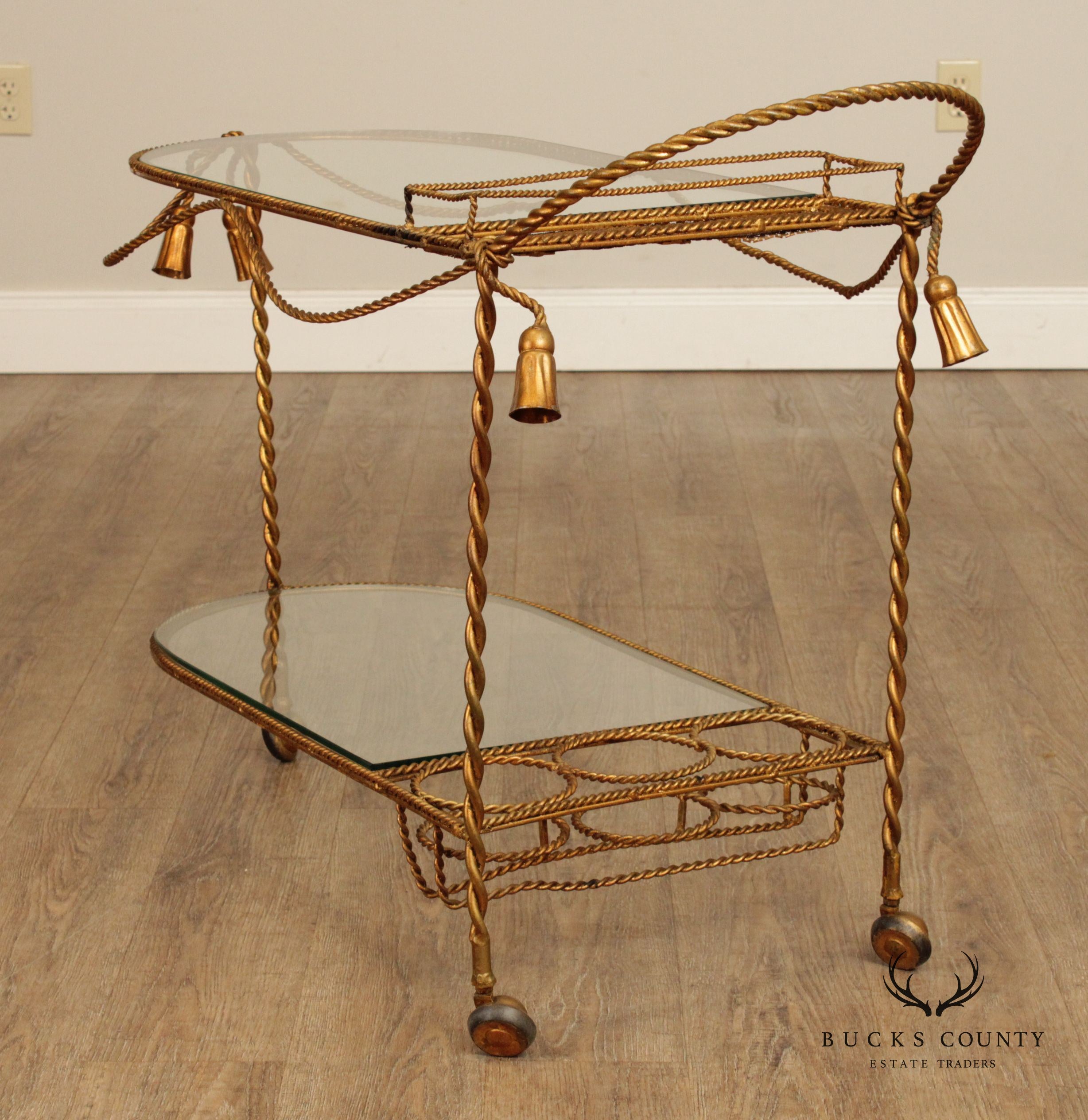 Italian Hollywood Regency Gilt Metal Tassel Bar Cart