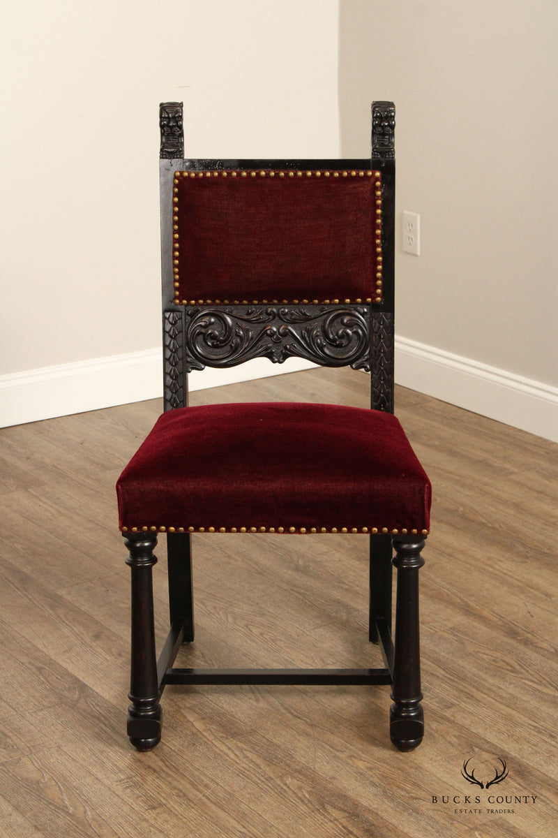 GOTHIC REVIVAL STYLE ANTIQUE CARVED FRAME AND VELVET OCCASIONAL SIDE CHAIR