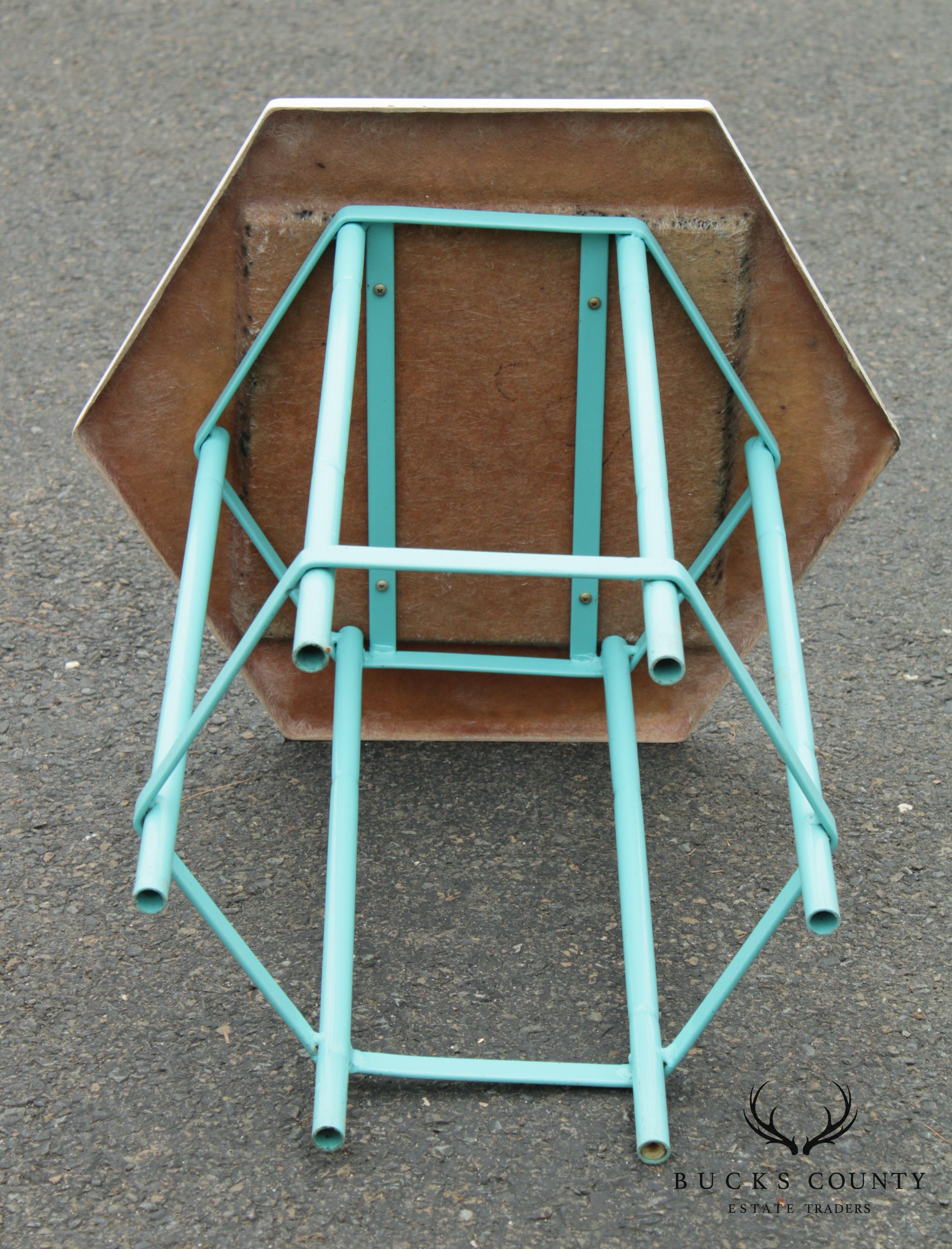 Mid Century Modern Teal Painted Base Hexagon Top Patio Side Table