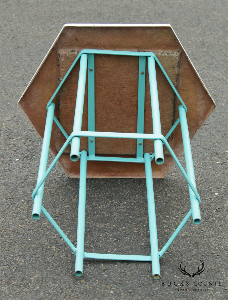 Mid Century Modern Teal Painted Base Hexagon Top Patio Side Table