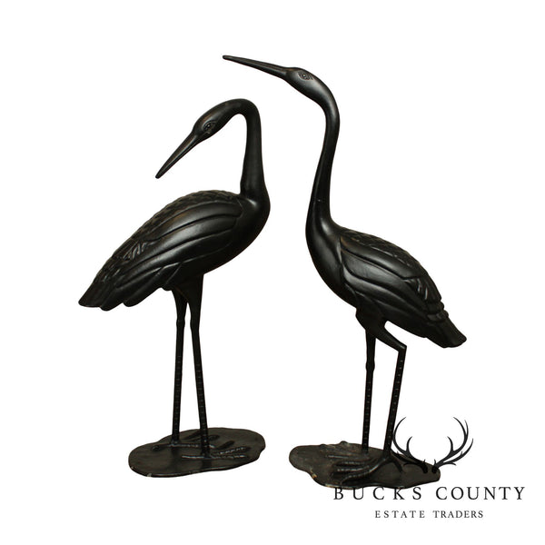 Quality Vintage Black Cast Aluminum Pair Standing Garden Cranes, Statues