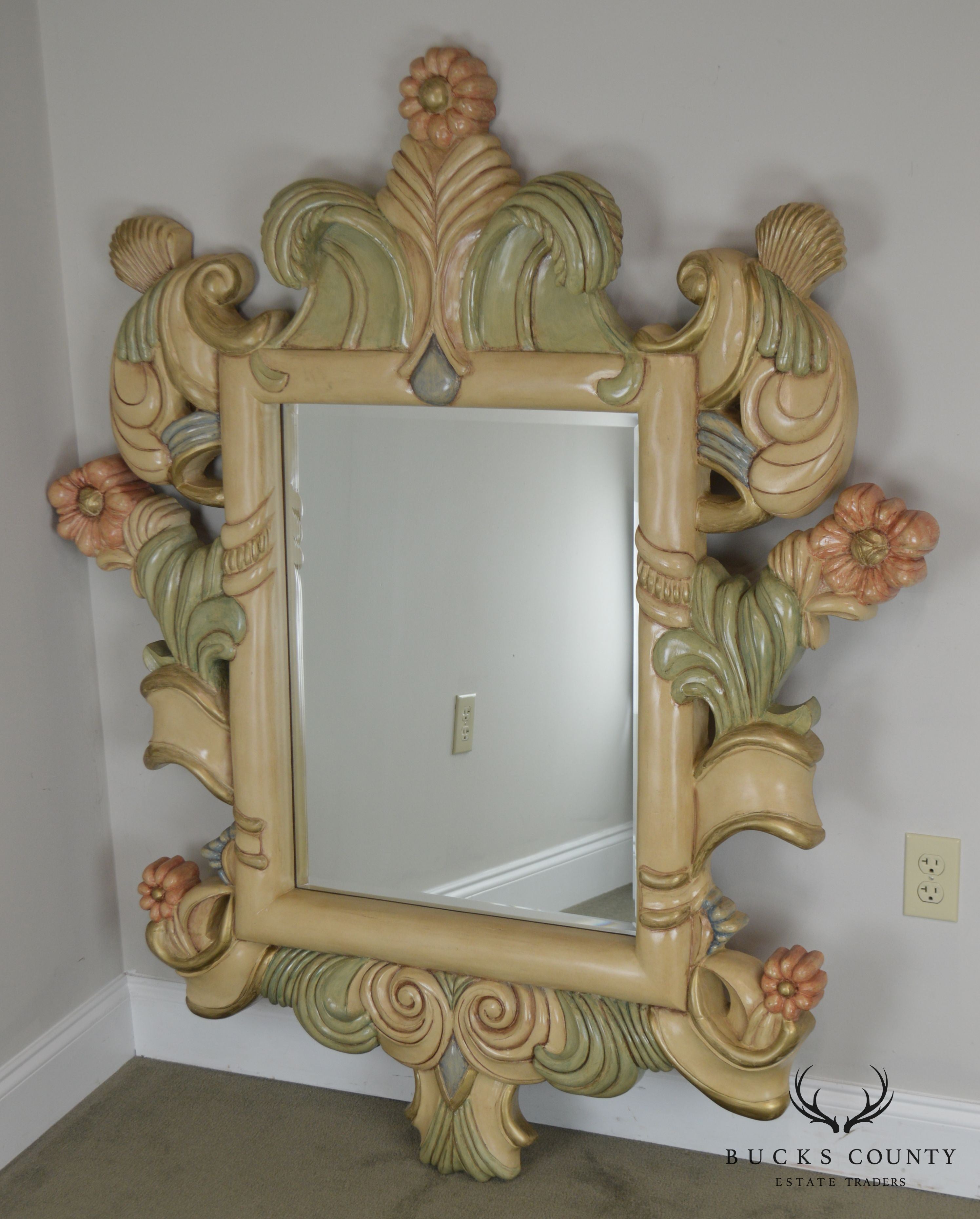 Quality Hand Painted Large Carved Wood Frame Beveled Wall Mirror