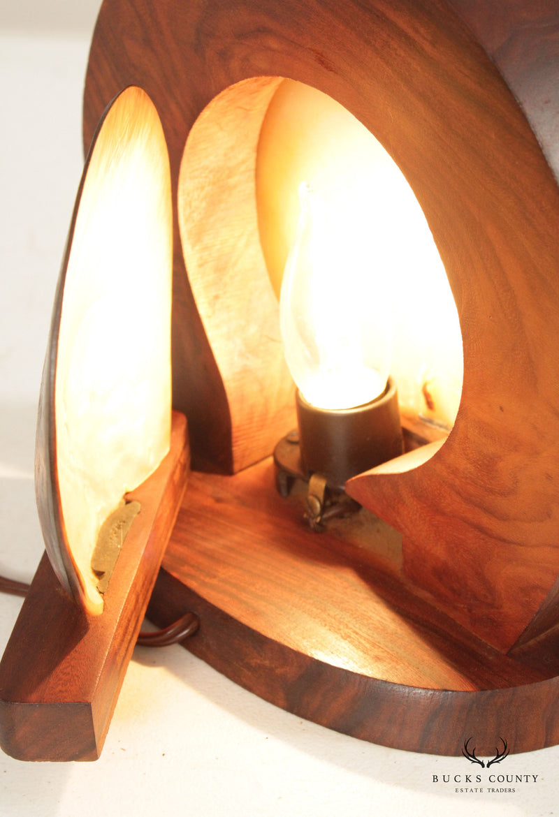 Tahitian Tiki Carved Shell and Teak Wood Lamp