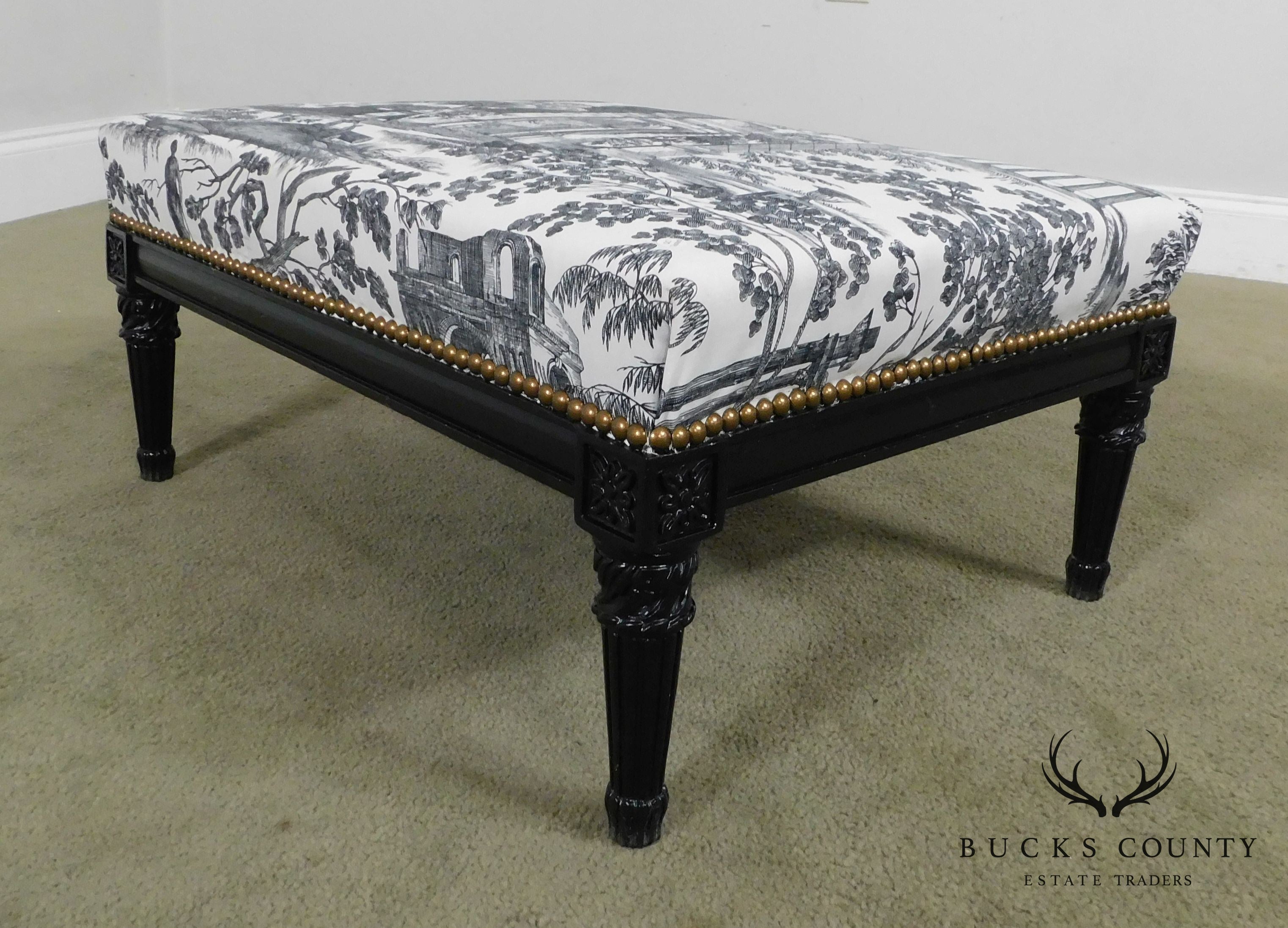 French Louis XVI Custom Black Ebonized Footstool, Toile Upholstery