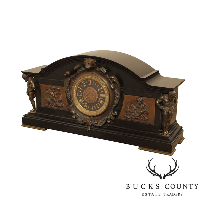 Antique Neoclassical Onyx Bronze Mantle Clock