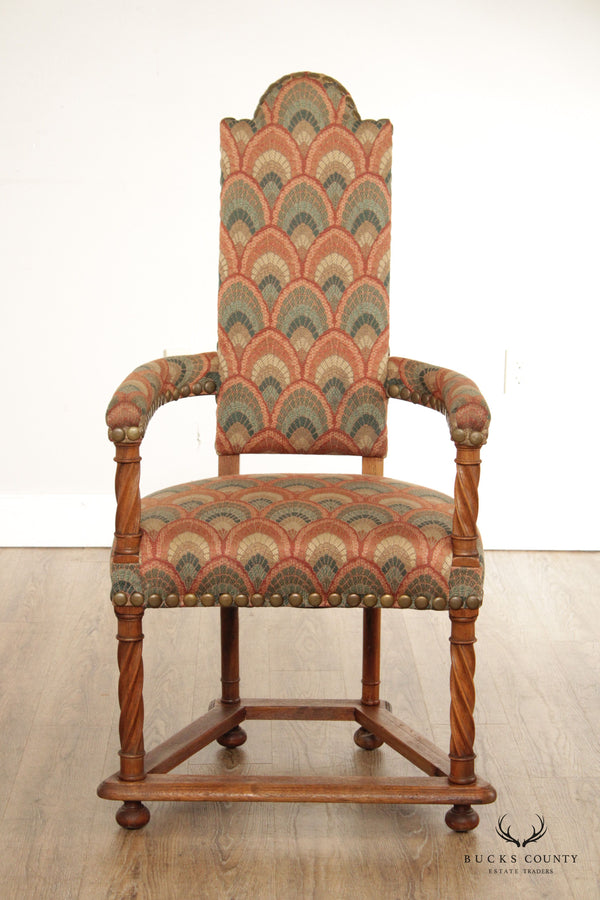 Spanish Revival Style Antique Oak High-Back Arm Chair