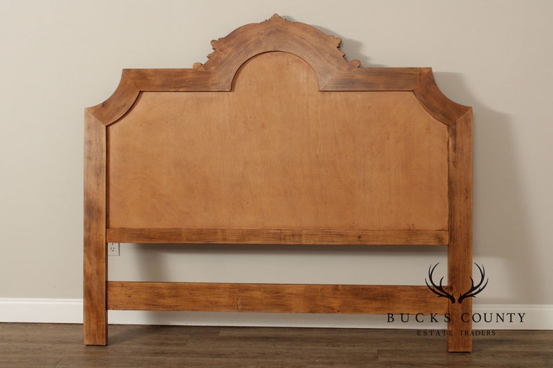 Rustic European Style King Size Carved Wood And Leather Headboard
