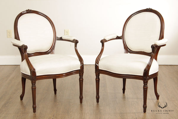 French Louis XVI Style Pair of Carved Mahogany Armchairs