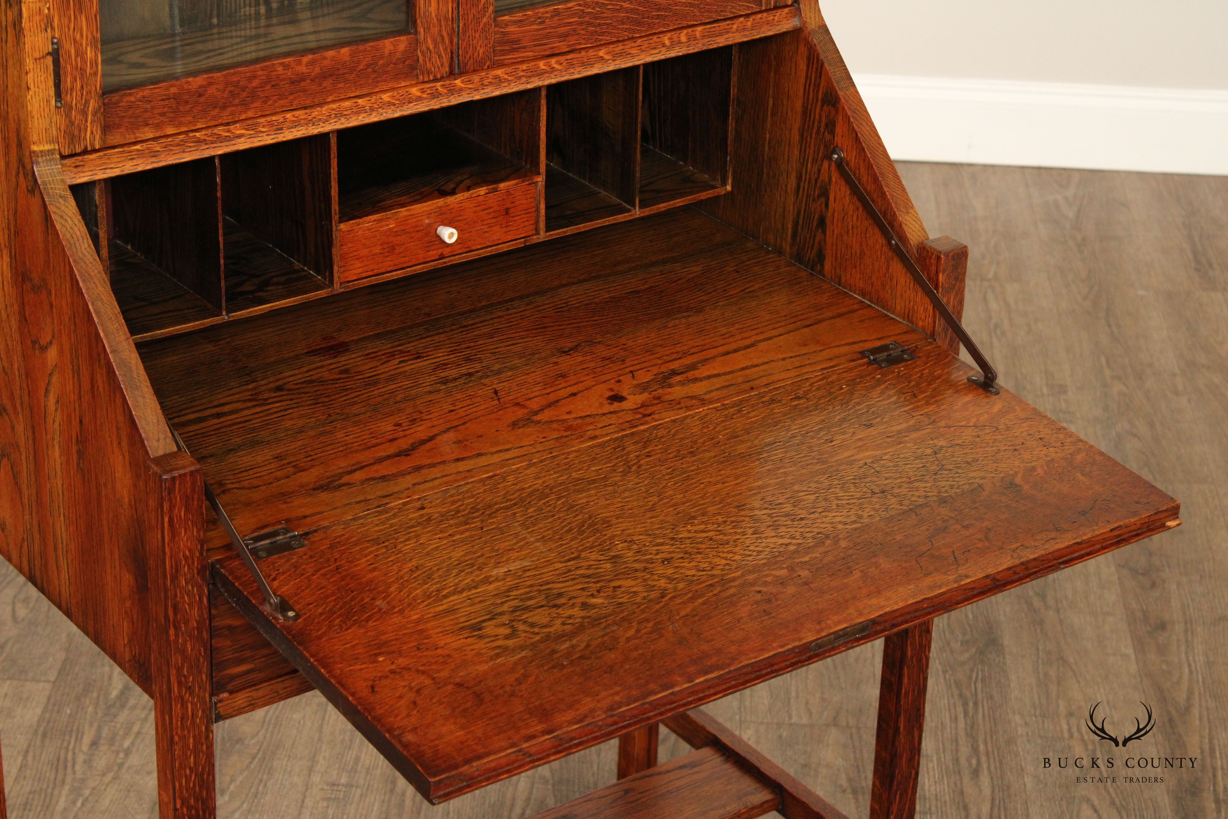 Antique Arts and Crafts Oak Drop Front Secretary Desk