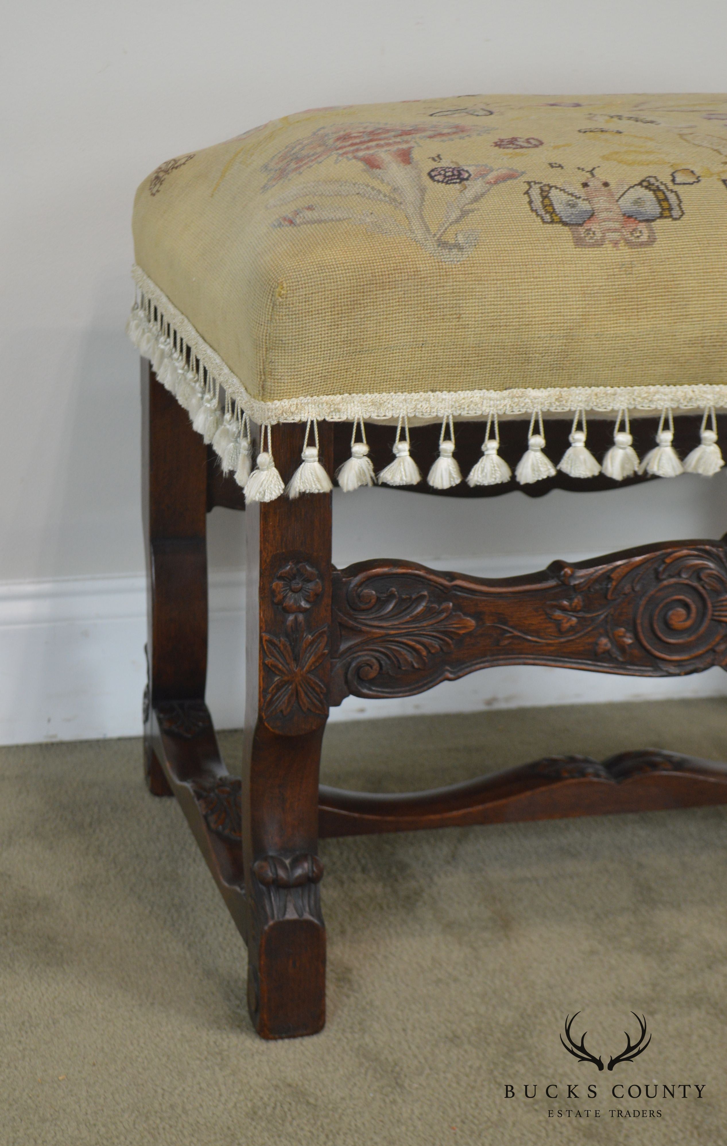 Italian Renaissance Antique Carved Needlepoint Ottoman Bench