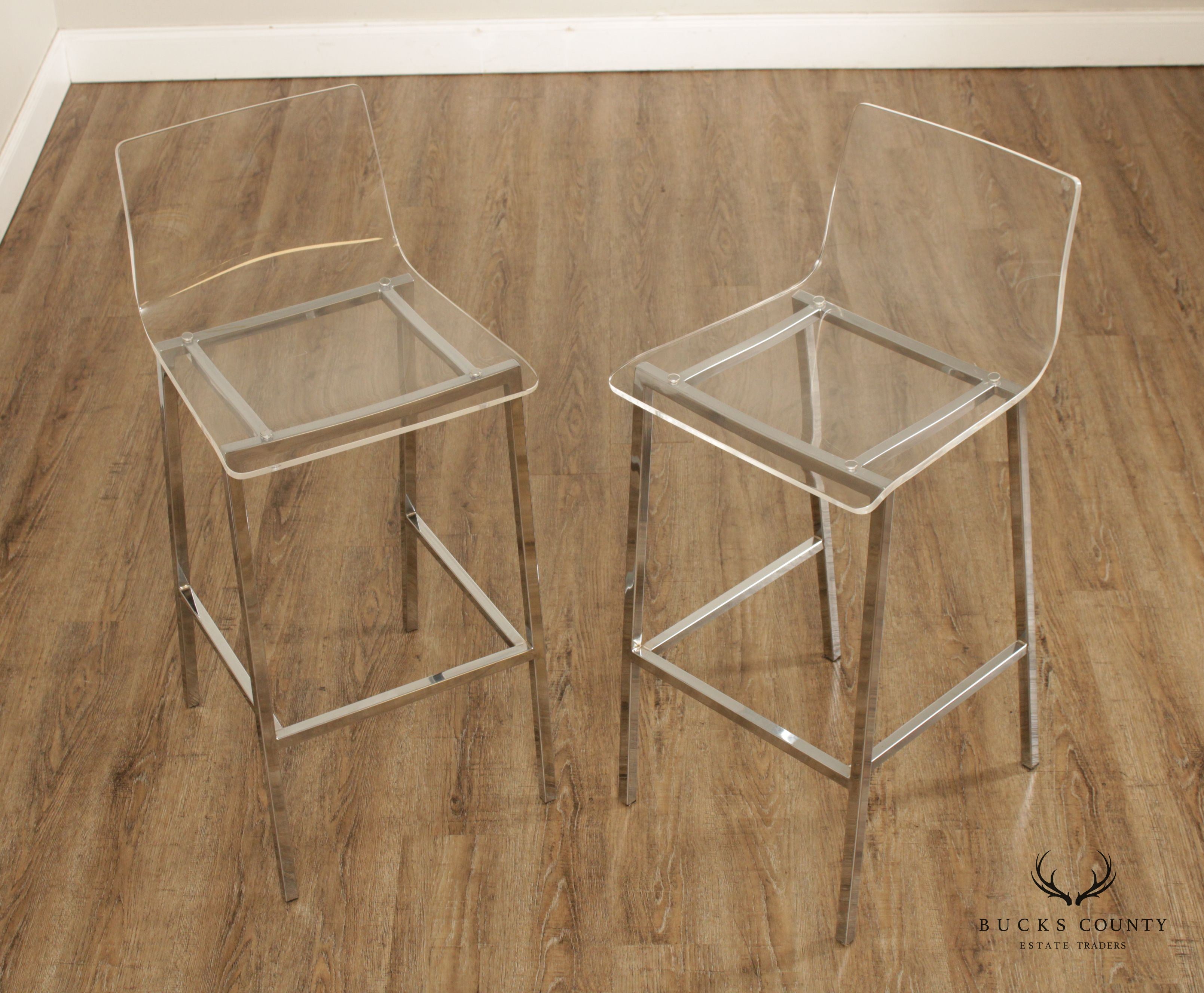 CB2 Post Modern Pair of Chrome and Acrylic 'Chiaro' Bar Stools