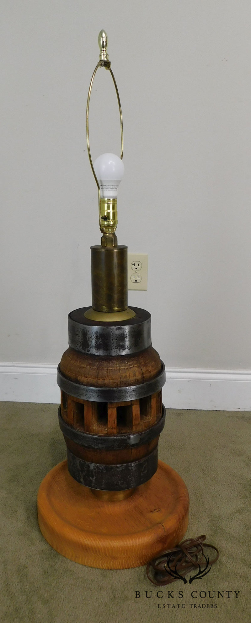 Heavy Wood and Steel Vintage Pair Barrel Table Lamps