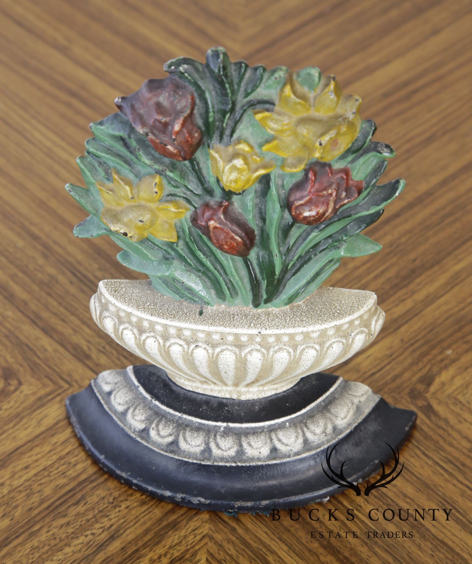 Unusual Flower Basket Cast Iron Door Stop. Tulips & Daffodils