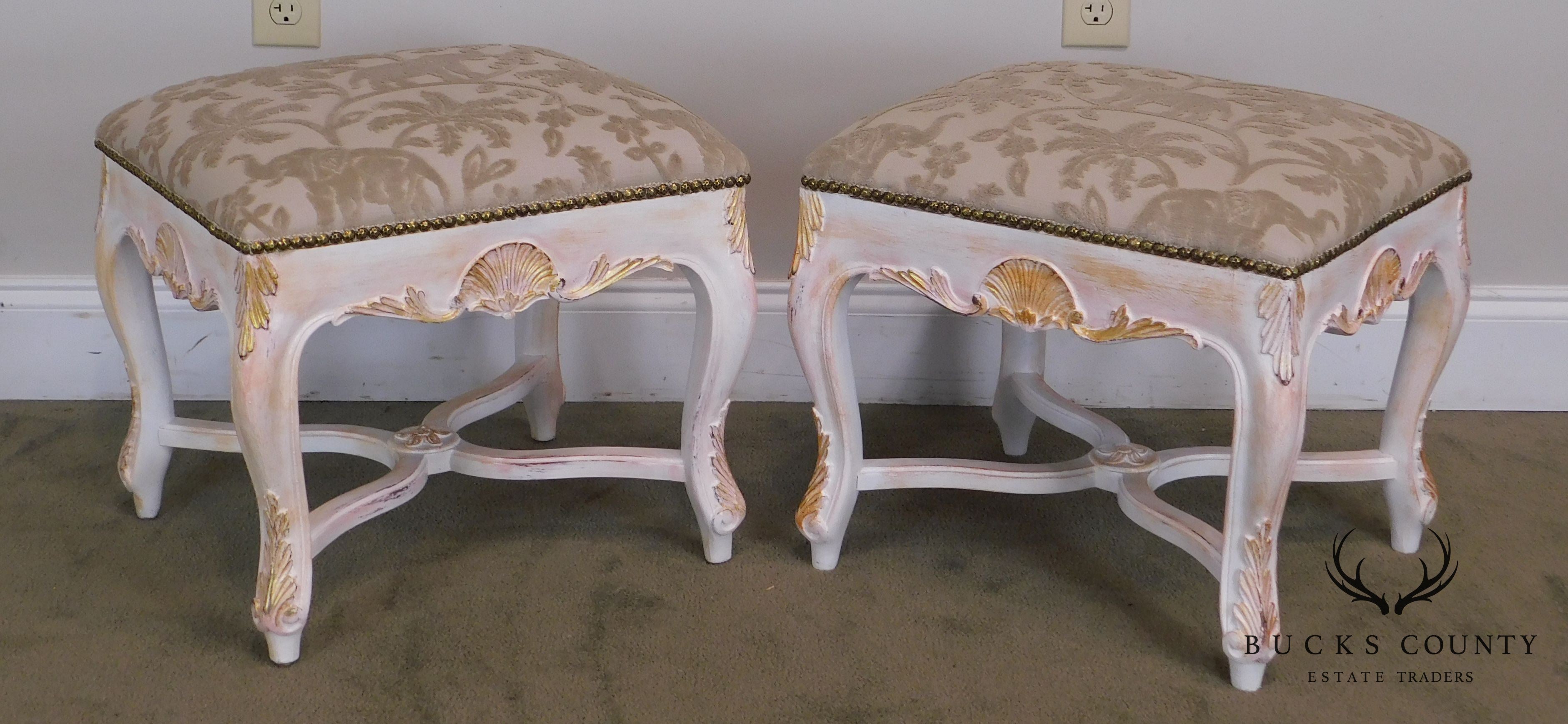 Italian Rococo Style Gilt & Painted Carved Pair Stools