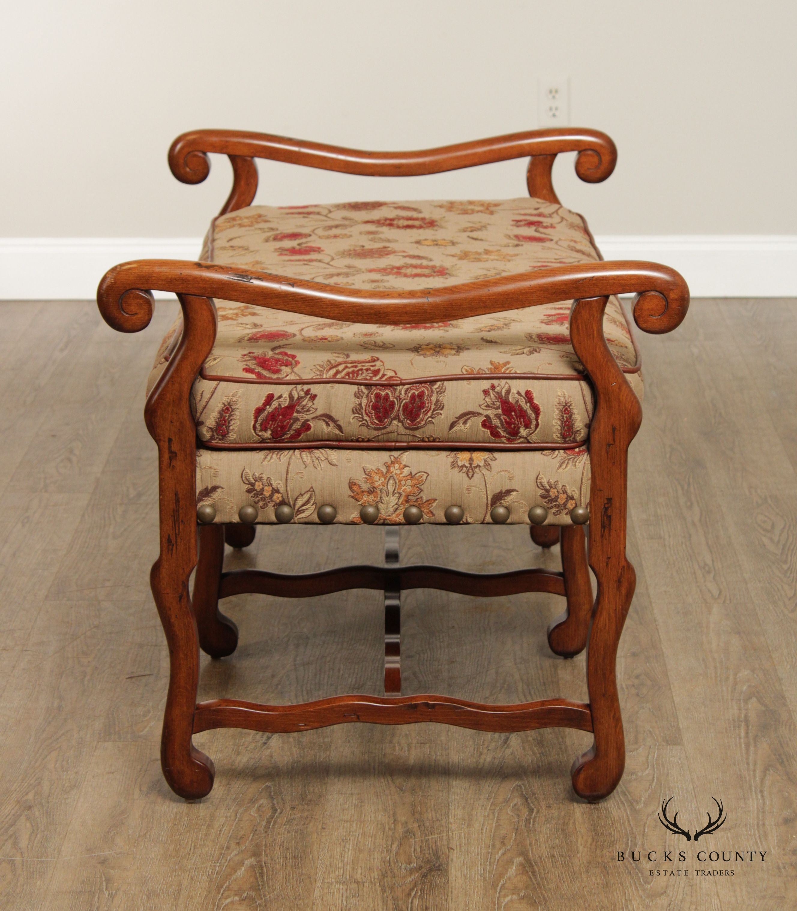 French Louis XIII Style Custom Upholstered Six Leg Window Bench