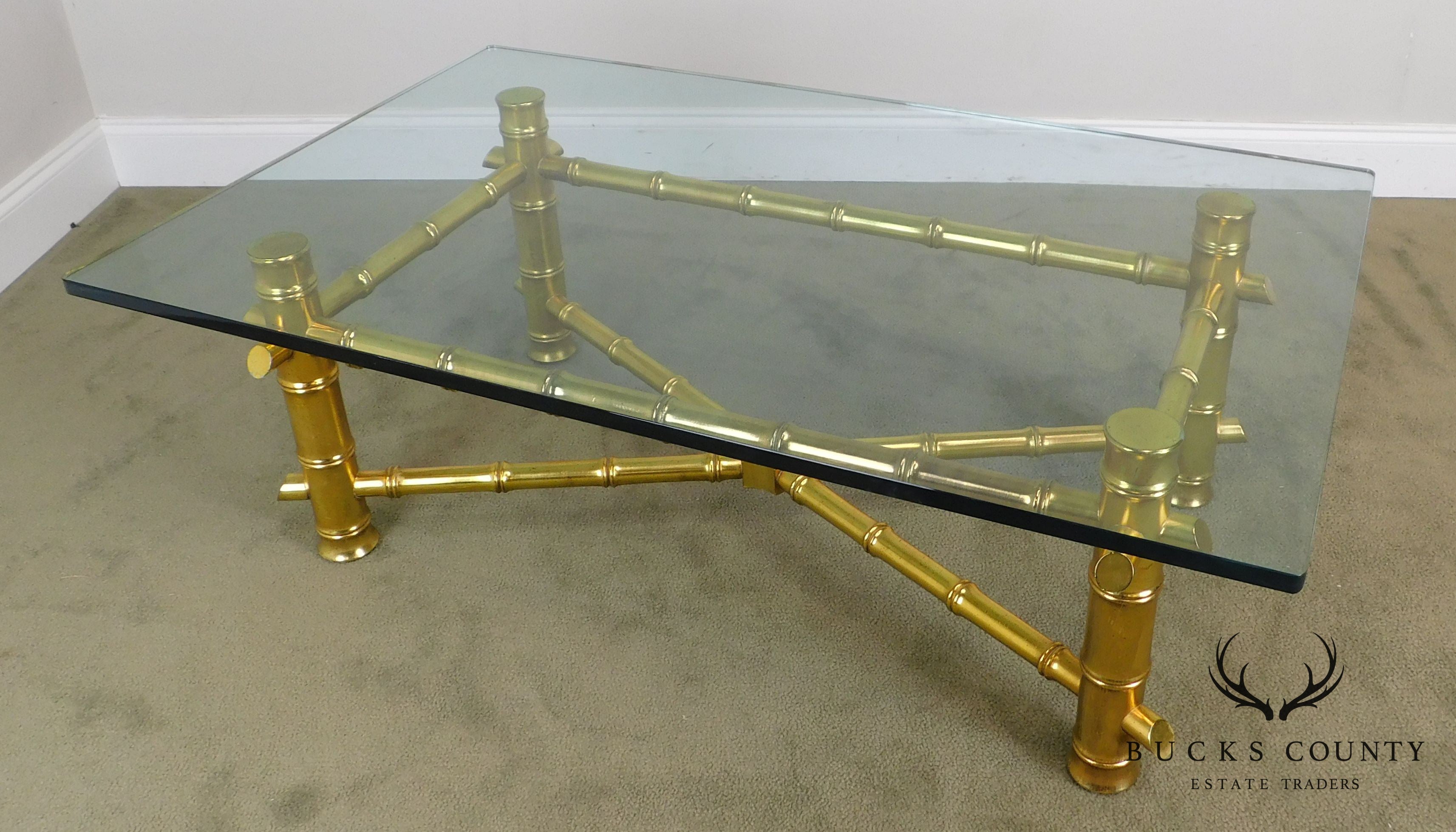 Hollywood Regency Faux Bamboo Gold Gilt Wood Glass Top Coffee Table