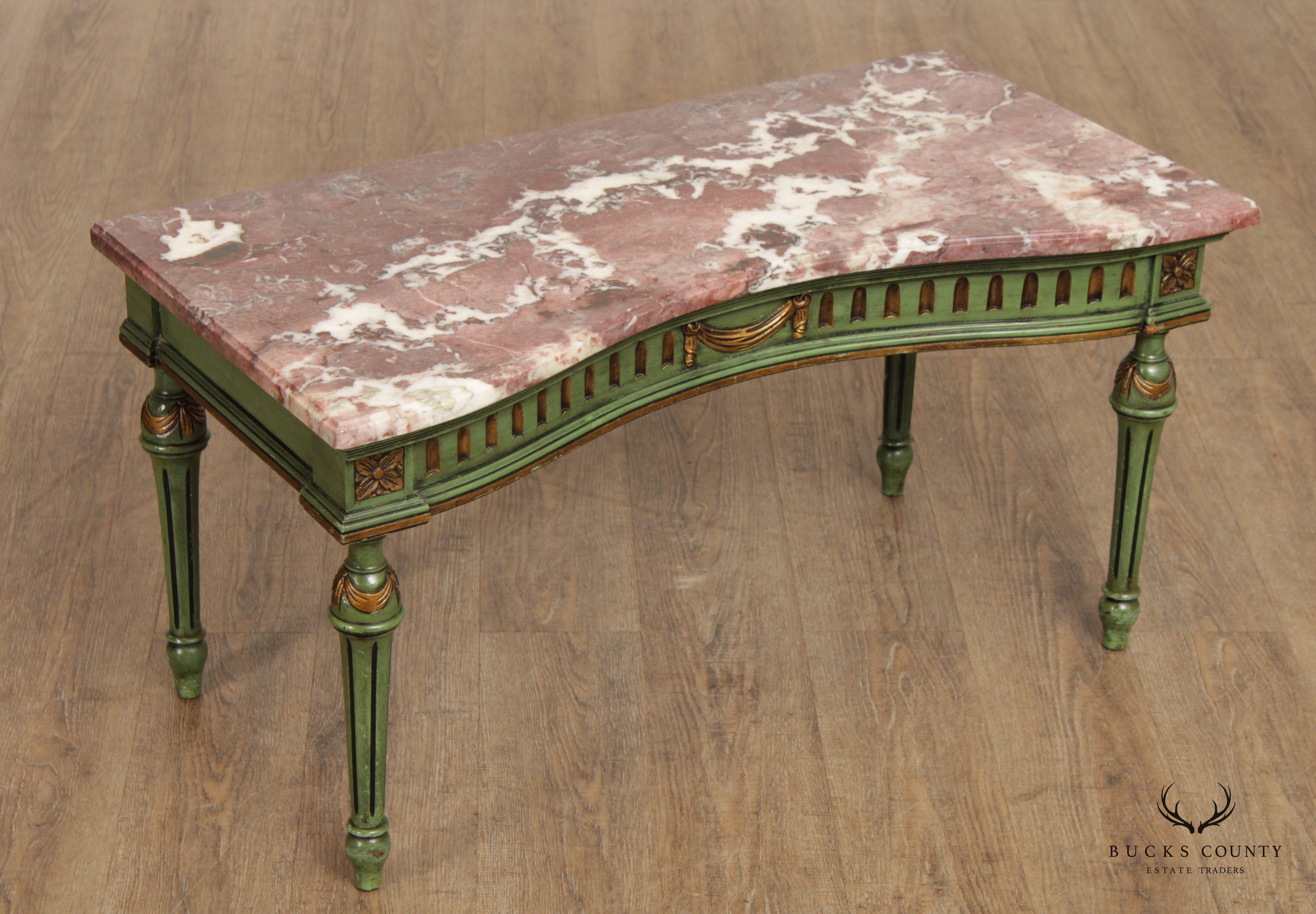 French Louis XV Style Painted Marble Top Low Console Table