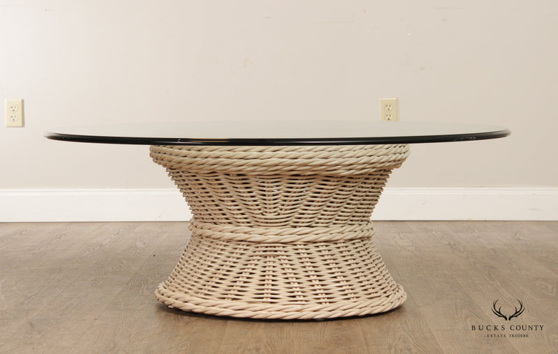 Vintage Round Wicker Rattan Glass Top Coffee Table